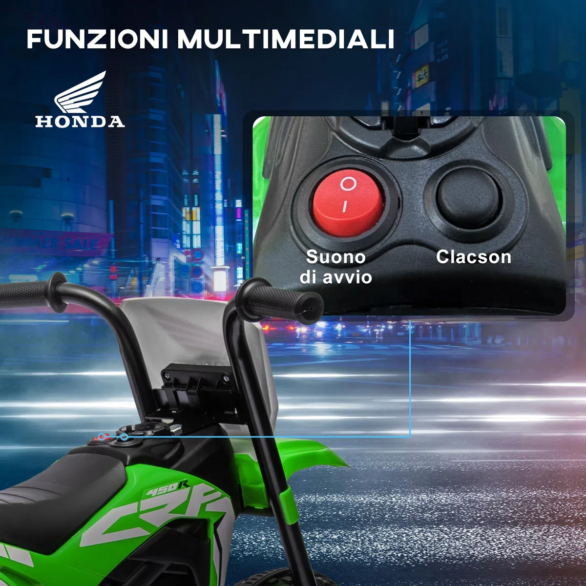Moto da Cross Elettrica per Bambini HOMCOM Licenza Honda CRF450RL 3 Ruote 71x40.5x43.5 cm Verde