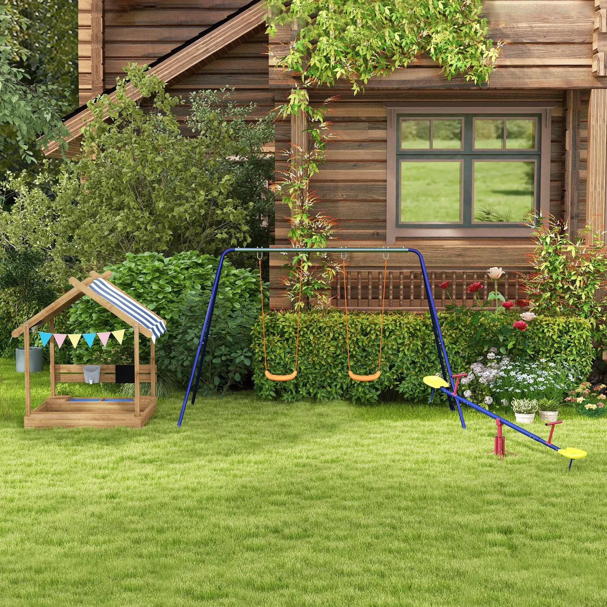 Outsunny Altalena per Bambini 3-8 Anni con 2 Seggiolini e 4 Picchetti, Altalena Doppia da Giardino in Metallo, 269x160x180 cm, Multicolore