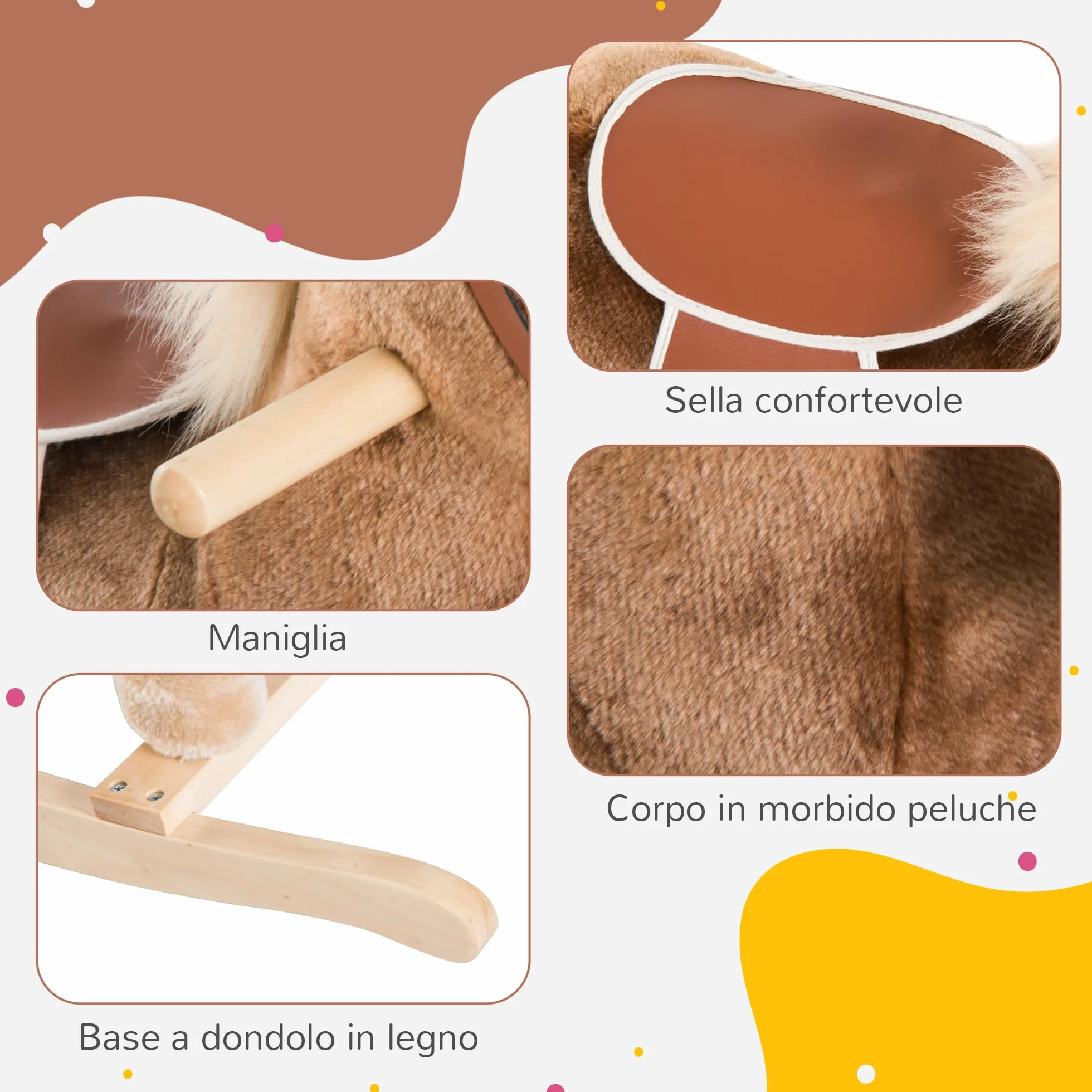 HOMCOM Cavallo a Dondolo per Bambini in Legno, Giocattolo Cavalcabile per Bambini in Peluche, 74x33x62 cm, Marrone