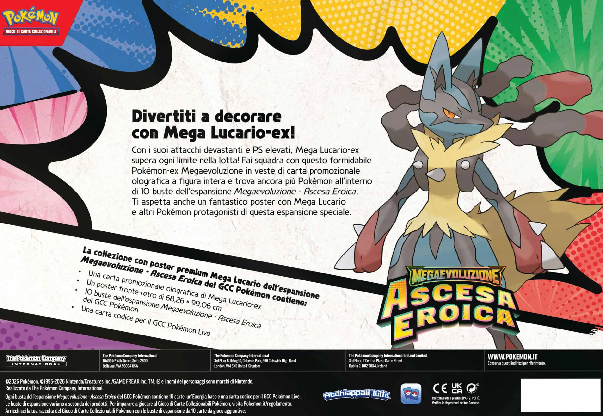 Pokémon: collezione con poster premium Mega Lucario dell’espansione Megaevoluzione - Ascesa Eroica del GCC Pokémon (una carta promozionale olografica, un poster fronte-retro e 10 buste di espansione)