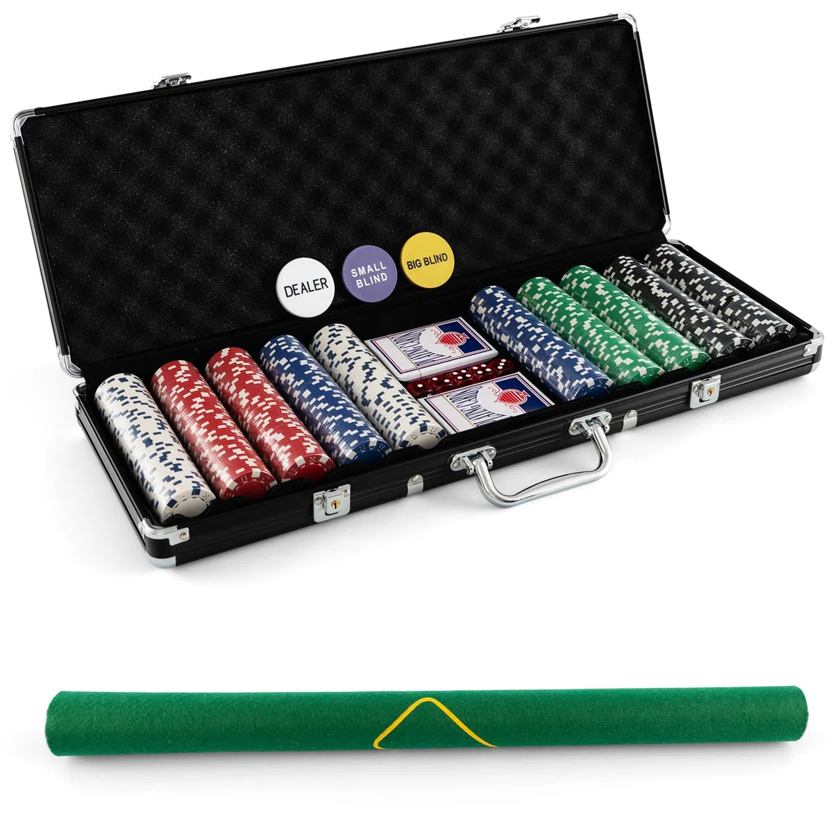 COSTWAY Chips Poker Set da Poker di 500 Chips, Inclusi 2 Mazzi di Carte da Poker 5 Dadi 1 Pulsante Dealer Valigetta in Alluminio (Argento)
