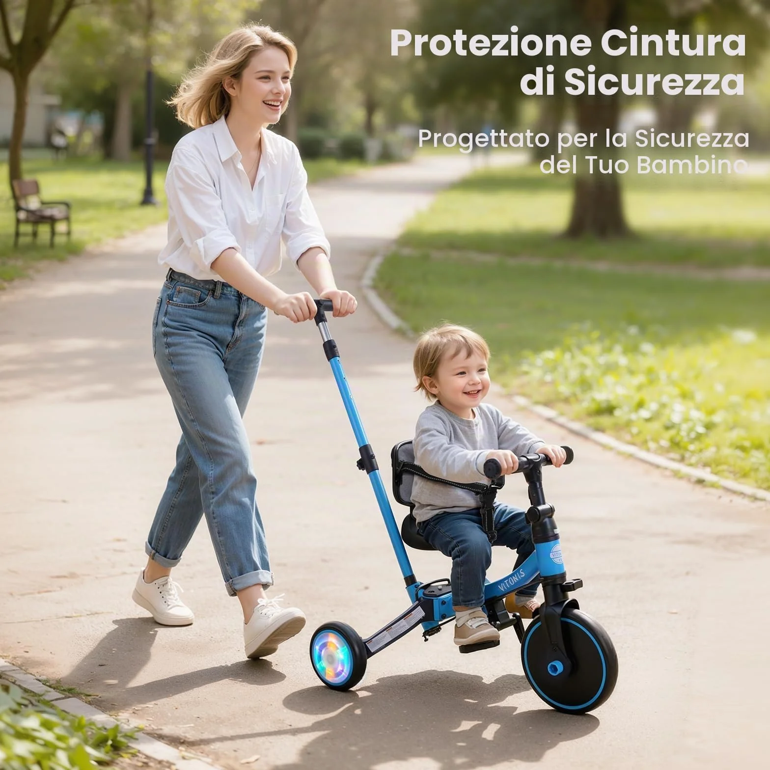 VITONIS Triciclo 5 in 1 per bambini dai 18 mesi ai 3 anni, con ruote lampeggianti, maniglione di spinta, schienale e cintura di sicurezza, regalo per bambini e bambine, bicicletta senza pedali, blu