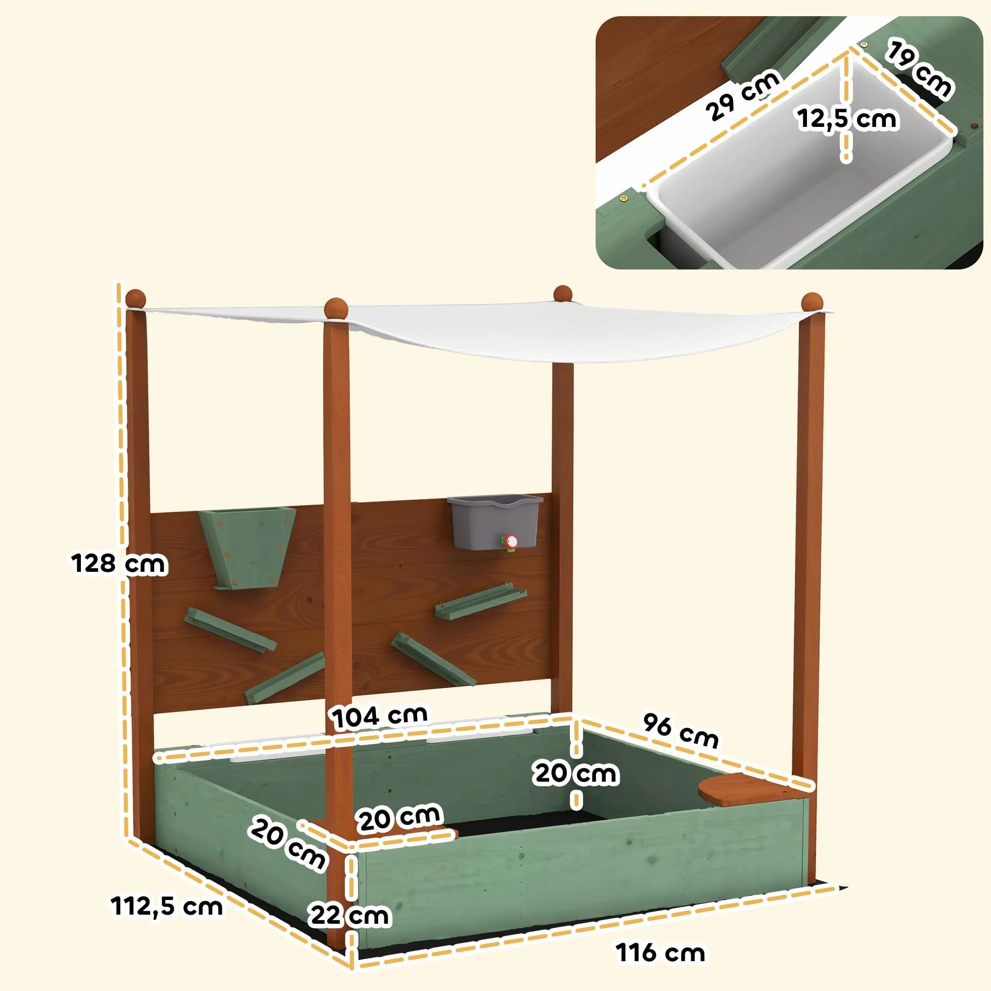 AIYAPLAY Sabbiera con tetto, 116 x 112,5 cm sabbiera in legno Sabbiera con sedile, 2 contenitori, sabbia e giochi d'acqua, secchio con rubinetto per bambini da 3 a 6 anni Verde