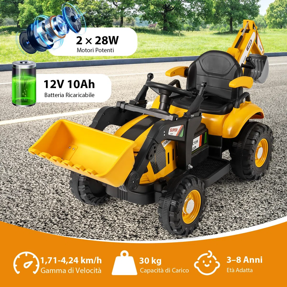 COSTWAY 4 in 1 Trattore Elettrico per Bambini 3-8 Anni con Telecomando, Rimorchio e Cucchiaia Staccabile, Doppi Motori Giallo
