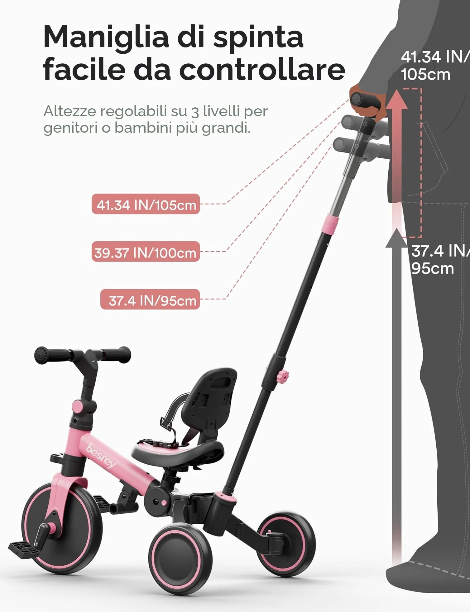 besrey Triciclo per Bambini 4 in 1, Bici senza Pedali per bambine e bambini da 1 a 3 anni, Triciclo con Maniglia di Spinta, Schienale e Cintura di Sicurezza, Rosa
