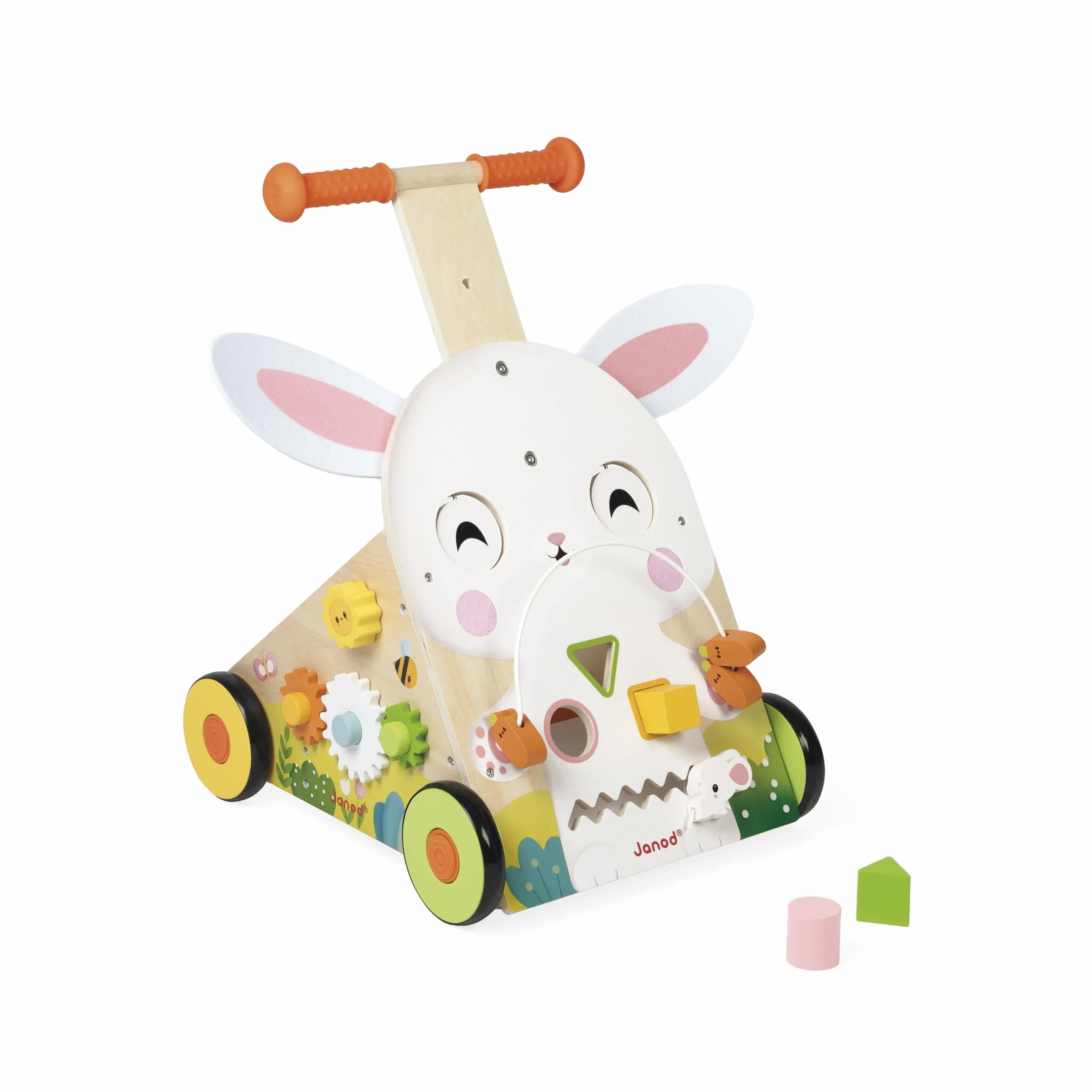 Janod Chariot Multi-Activités Ferme, Carretto di Legno da Spingere, 9 attività, Sistema frenante Brevettato e Ruote silenziose, Giocattolo evolutivo per Bambini, da 12 Mesi, J03326