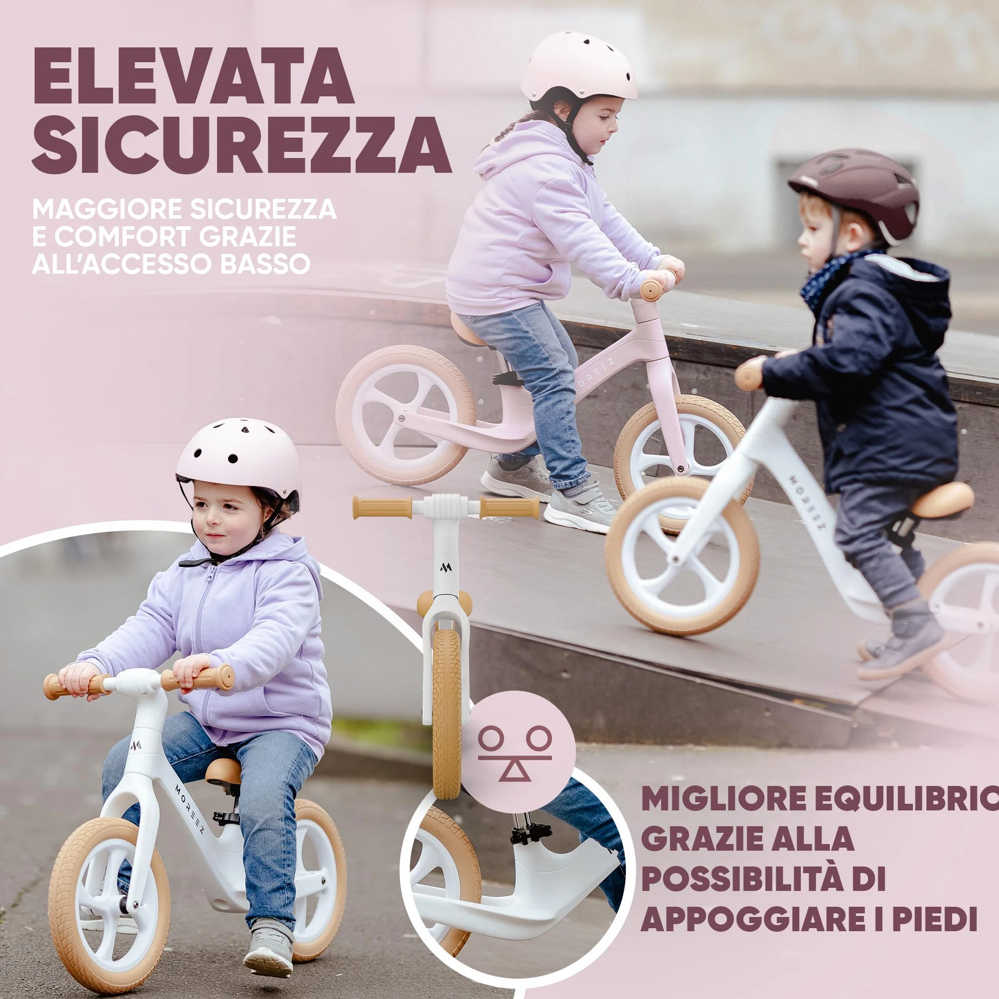 MOREEZ Bicicletta da 2 anni [2-5 anni] ultraleggera per bambini con protezione anticaduta, seduta ergonomica, ruote da 50 kg, poggiapiedi antiscivolo, altezza regolabile