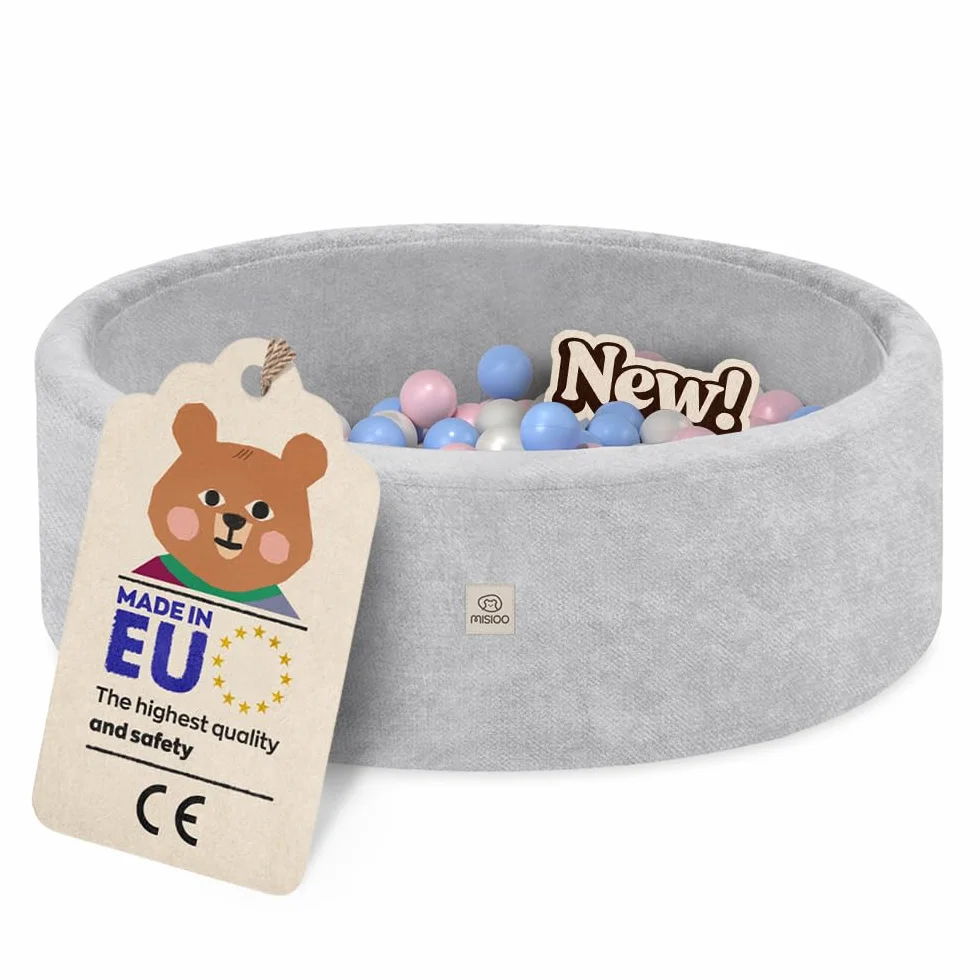 MISIOO Piscina con palline per bambini, 90 x 30 cm, con 200 palline da 6 cm di diametro, rotonda, in morbida schiuma, rivestimento rimovibile e lavabile, per interni