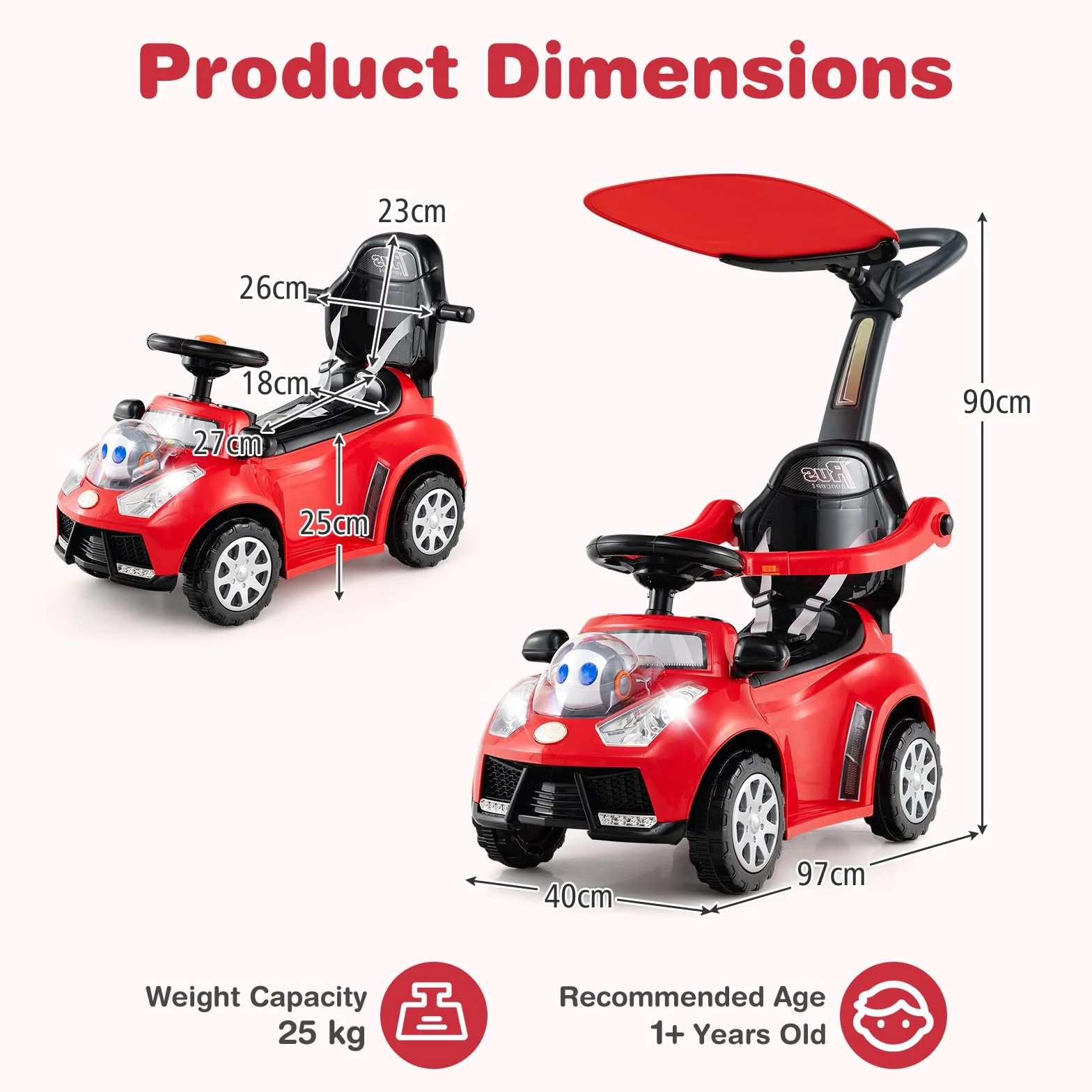 SOARS Macchina Cavalcabile per Bambini 1-3 Anni, Cavalcabile Bambino 3 in 1, Carpot & Maniglia Rimovibili, Guida Realistica con Volante, Clacson, Musica, Carico 25 KG, Regalo Ragazza Ragazzo (Rosso)
