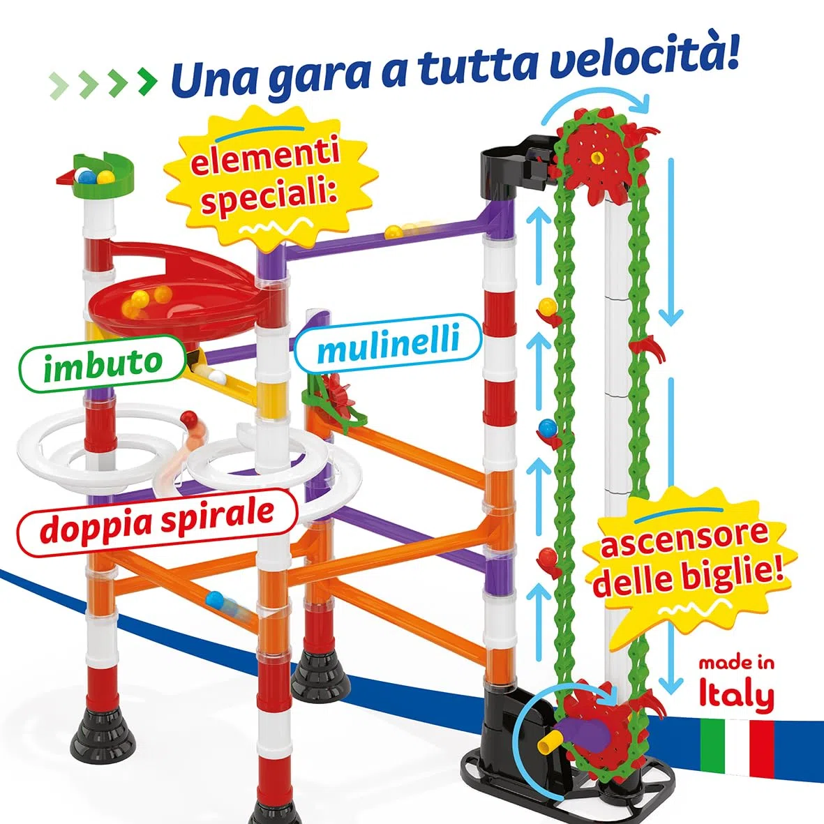 Quercetti Migoga Elevator, Pista Biglie per Bambini 150 Pezzi con Ascensore, Giochi Bambino 5 Anni in Su, Giochi Creativi, Costruzioni per Bambini, Giochi Educativi, Made in Italy