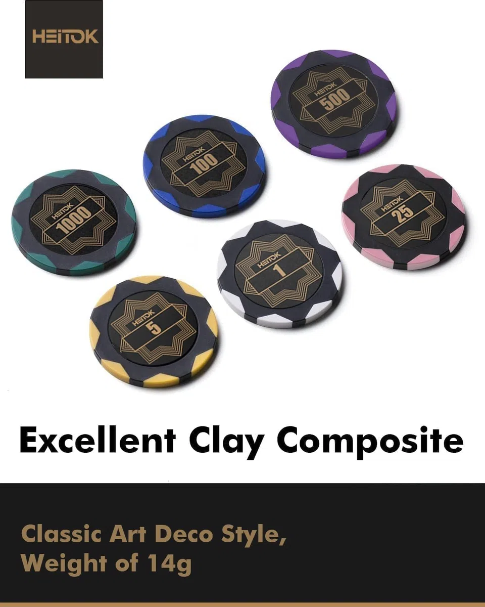 HEITOK Set Fiches Poker Clay Composite 500 pz 14g con valigetta | 500 pz 14g Clay Composite numerate con valigetta per Texas Holdem e Blackjack.