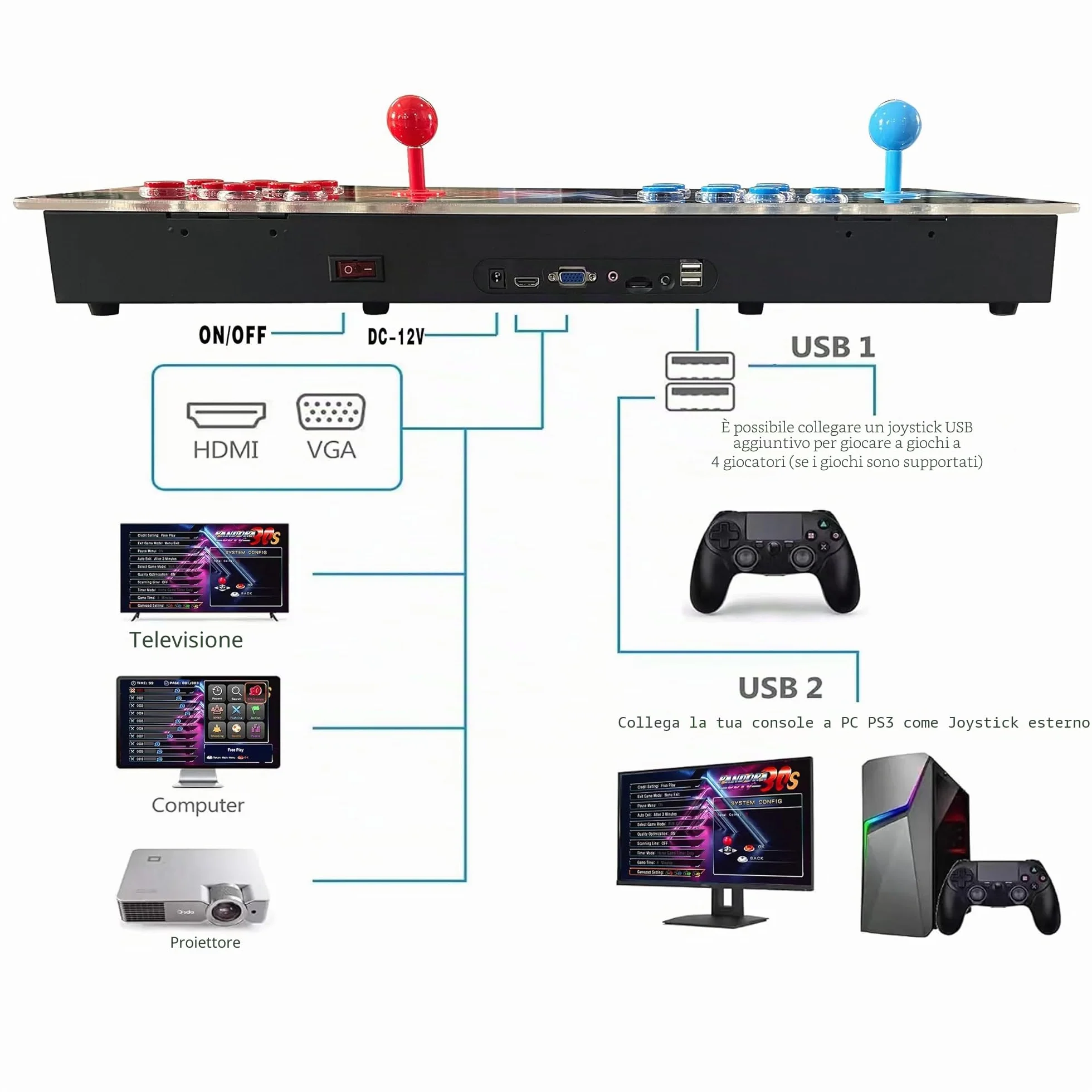 Scatola giochi arcade, console di gioco arcade, retrò, per PC, proiettore e TV, 2-4 giocatori, 1280 x 720, giochi 3D, cerca/nascondi/salva/carica/pausa, elenco dei preferiti (DX 9800)