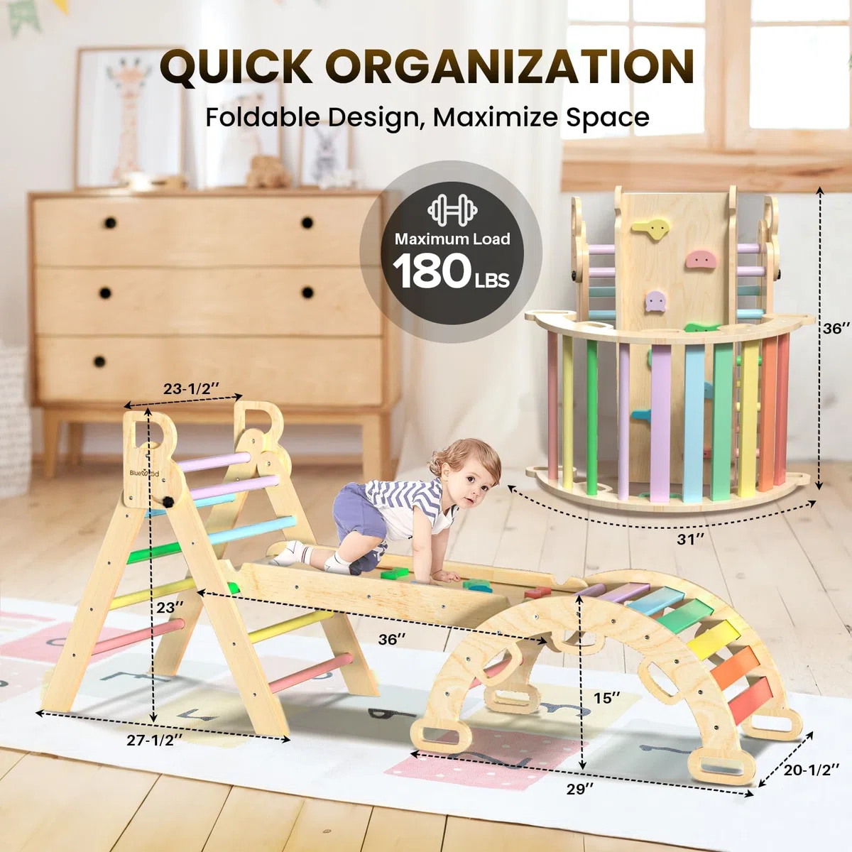 BlueWood Triangle Set 7-in-1 Pieghevoli in Legno Montessori Arco Rampe Scala Palestra Indoor per Bambini Arcobaleno