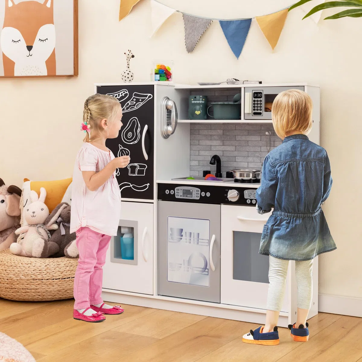 COSTWAY Cucina Giocattolo per Bambini, Cucina Legno per Bambini con Lavagna, Telefono, Microonde e Macchina per Ghiaccio, con Accessori e Suoni Realistici, per 3-6 Anni (Bianco)