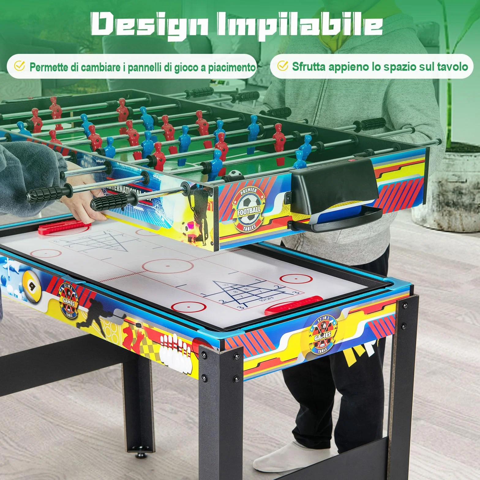 RELAX4LIFE 12 IN 1 Tavolo da Gioco Multifunzionale, Set da Tavolo Multigioco Calcio Balilla Ping Pong Air Hockey Scacchi Bowling, per Casa Ufficio Bar