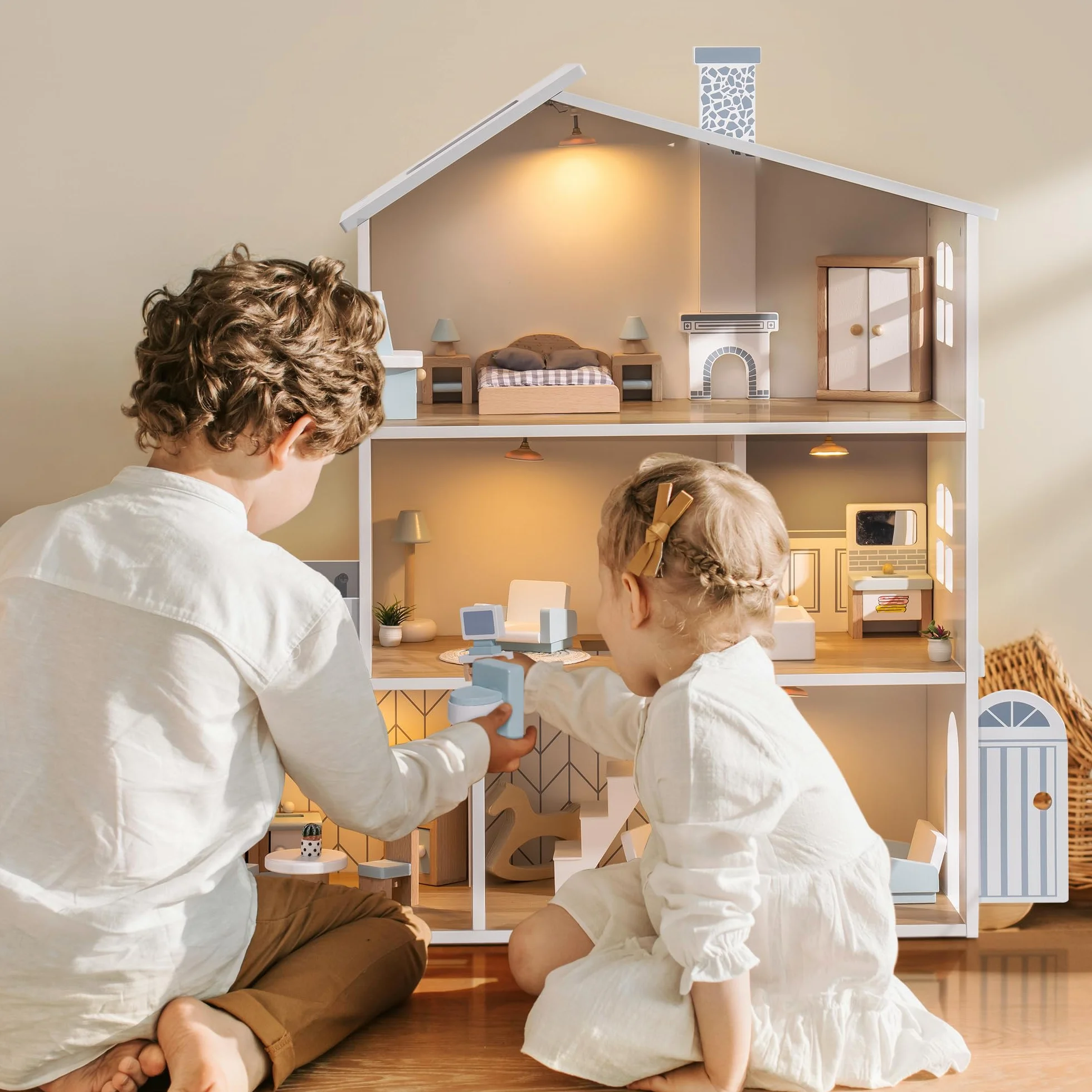 ROBUD Casa delle bambole in legno luci,3 piani, inclusi mobili e scale, giocattoli per bambini dai 3 anni in su