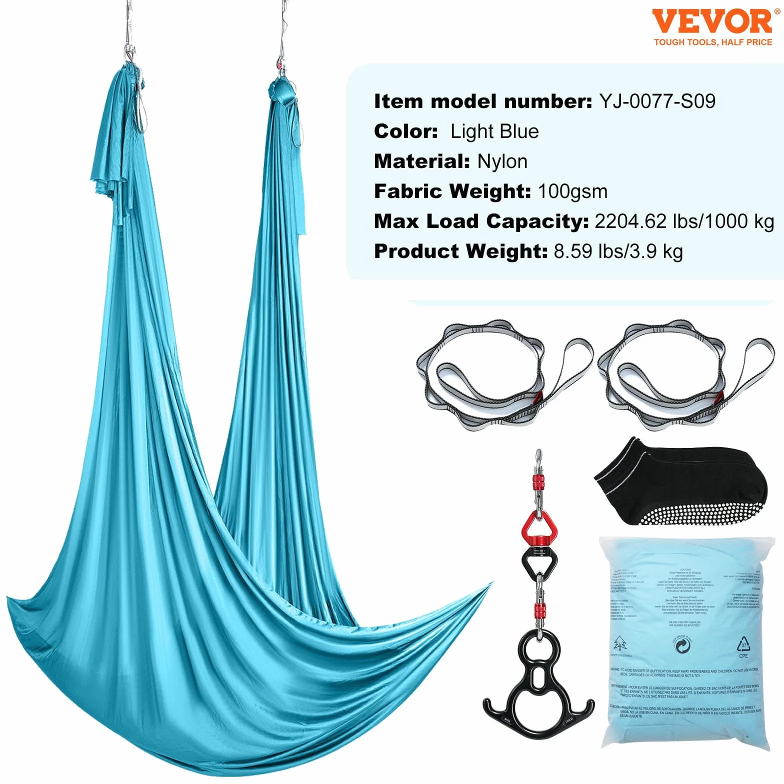 VEVOR Altalena per Yoga e Seta Aerea, 11 Metri, Kit Amaca per Yoga Aerea con Tessuto in Nylon da 100 g/m², Hardware Completo per L'attrezzatura e Guida di Installazione Facile, Blu