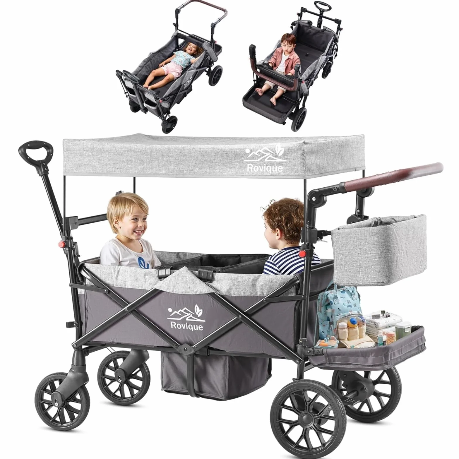 Carrozzina pieghevole per 2 bambini, con tetto e vassoio rimovibile, porta con chiusura lampo, cintura a 5 punti, manico regolabile, carrello con sedile, trascinamento e scorrimento