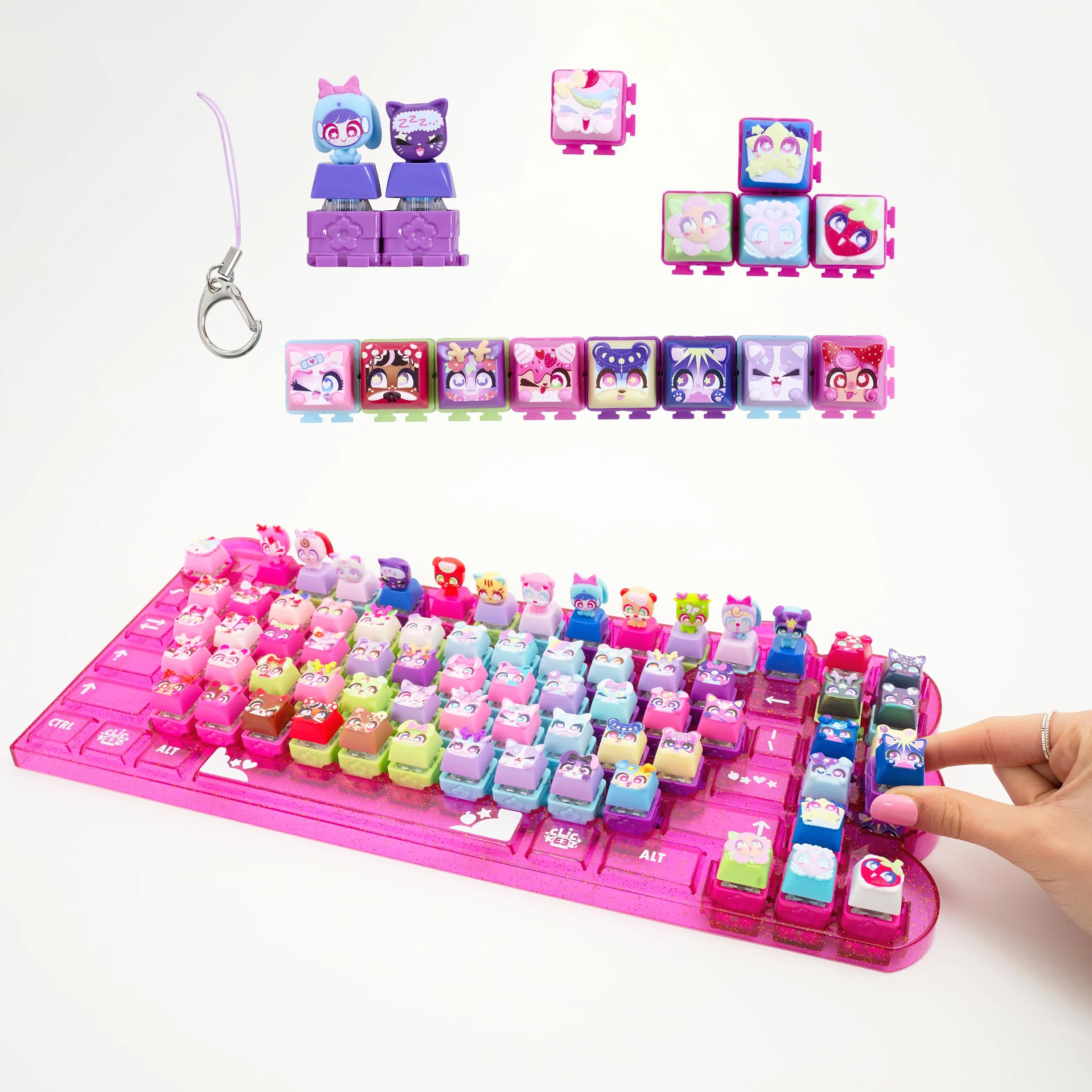 Goliath - CLICKEEZ KeyBoard MegaPack - 1 tastiera + 15 Tasti Kawaii + 1 portachiavi - Keycaps da cliccare - 70 personaggi da collezione - ASMR Fidget Toy - Idea regalo dai 6 anni in su