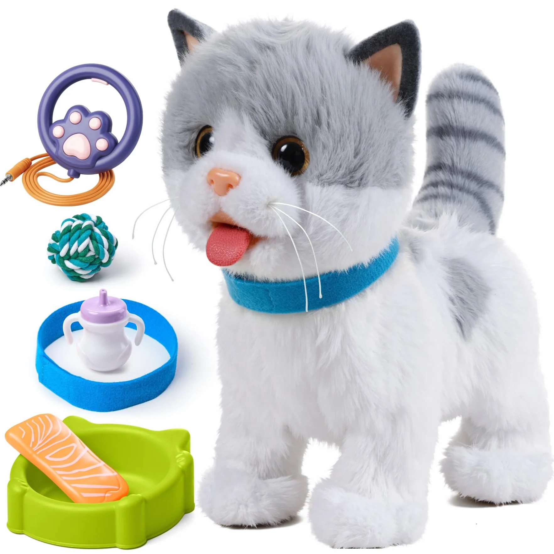 OR OR TU Gatto Giocattolo per Bambini Peluche Elettronico Cammina al Guinzaglio che Lecca Interattivi Realistici 3-7+ anni