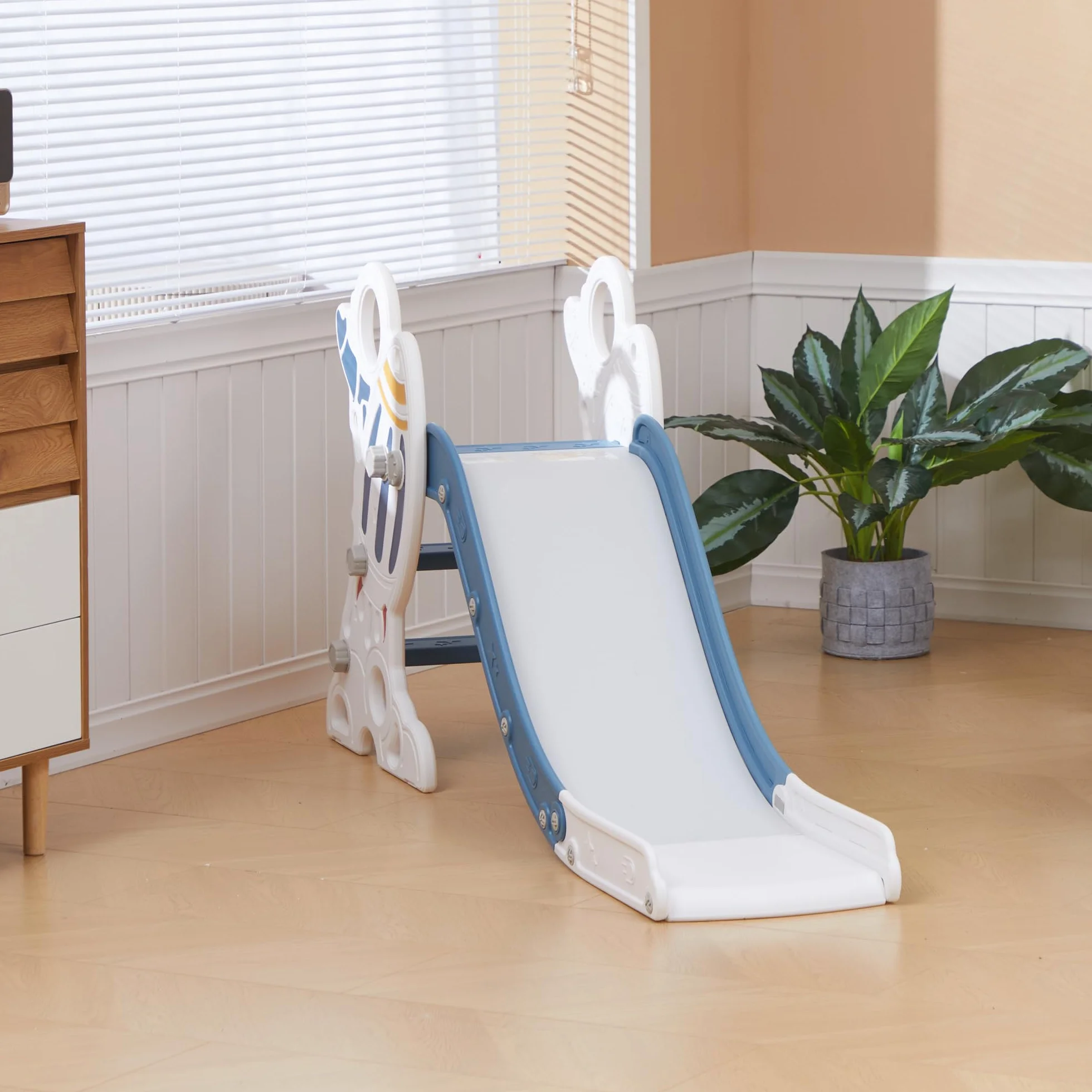 AIYAPLAY Scivolo per Bimbi 18-36 Mesi a Tema Spaziale con Scale Antiscivolo, Scivolo da Interno in PE e PP, 157x46.5x80 cm, Blu e Bianco