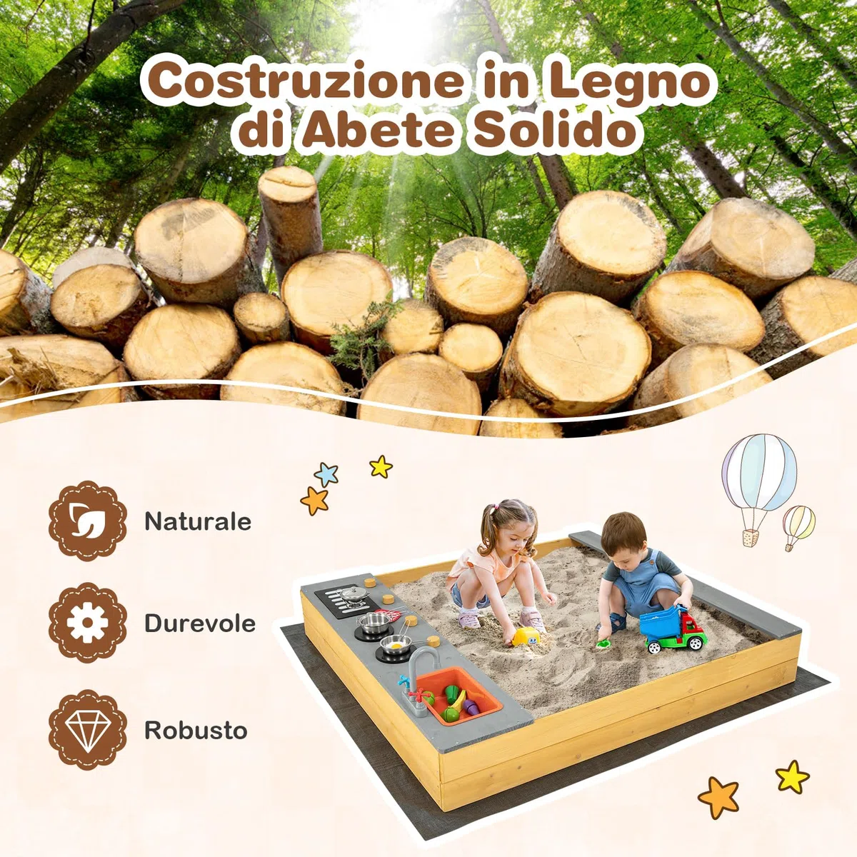 GYMAX Sabbiera in Legno per Bambini con Fodera Inferiore, Set Sabbiera da Gioco 3 in 1 per Bambini, Sedile a Panca, Sabbiera per Bambini da Esterno, per Bambini dai 3 ai 8 Anni, 135x125x20 cm