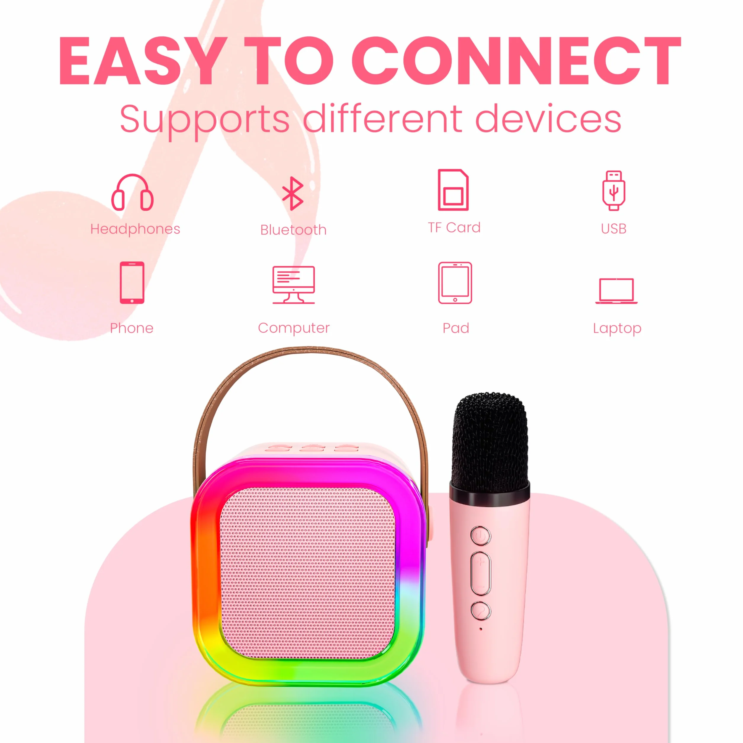 Karaoke con Microfono per Bambini 4-9 Anni, Microfono Bluetooth con Effetti Cambia Voce, Regalo Compleanno Natale Rosa