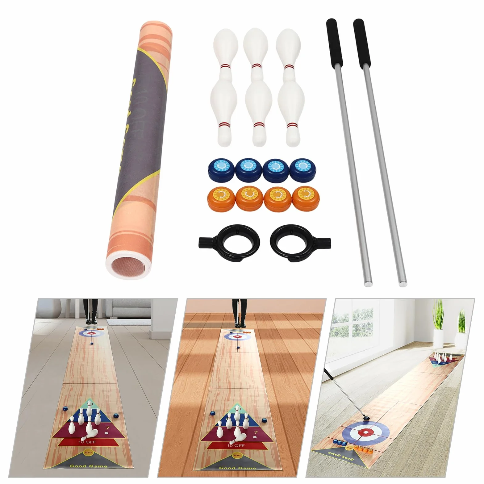 Gioco di quilling 3 in 1, 360 x 57 cm, portatile, gioco di birilli da tavolo, set di birilli da curling con 6 bowling e 2 putter per bambini, per feste di famiglia