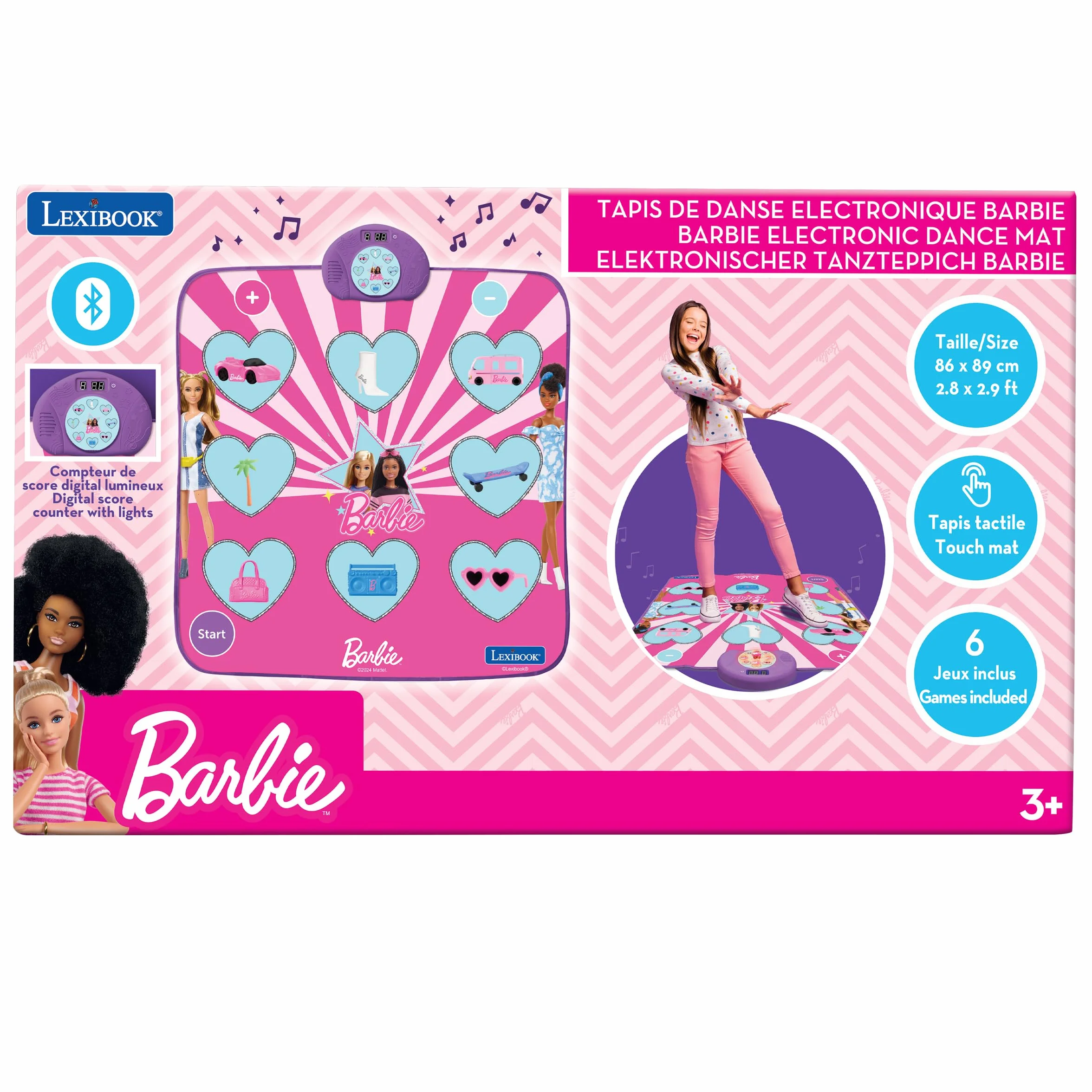 Lexibook, Mattel Barbie, Tappeto da danza elettronico Barbie, Bluetooth e luminoso con 6 modalità di gioco, Rosa, DM10BB