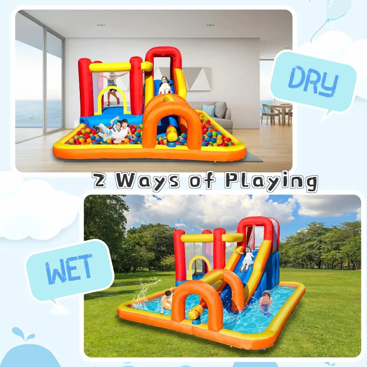 Baralir Castello Gonfiabile con Ventilatore, Scivolo a secco/Acqua, Piscina di palline oceaniche/Parco acquatico, 400×320×200 cm, Castello gonfiabile interno/esterno per Bambini dai 3 ai 10 anni