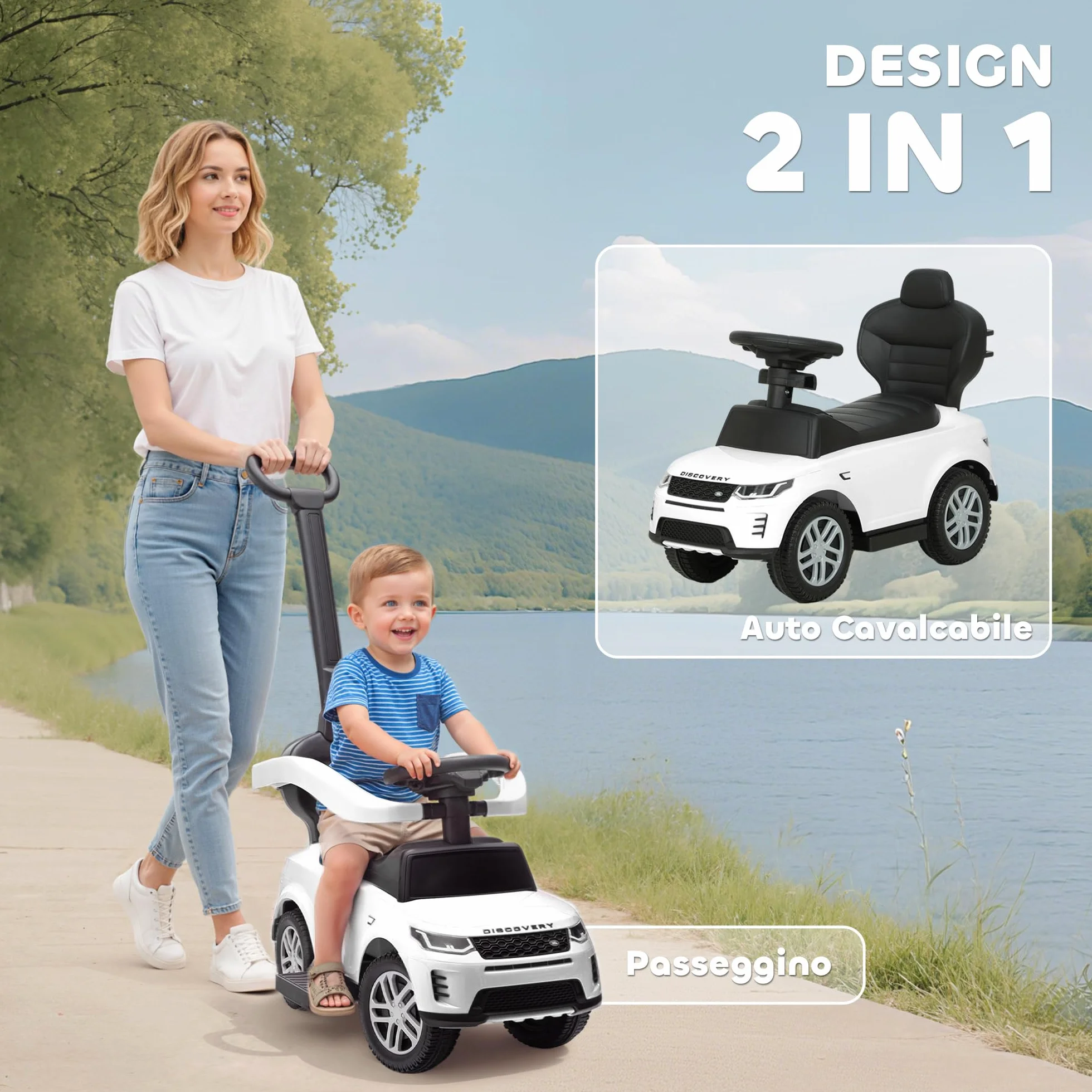 AIYAPLAY Macchina Primi Passi Cavalcabile per Bambini 1-3 Anni Licenza Land Rover Discovery con Maniglione e Barriera a 360°, Passeggino per Bambini in PP e Acciaio, 84x40x94.5 cm, Bianco