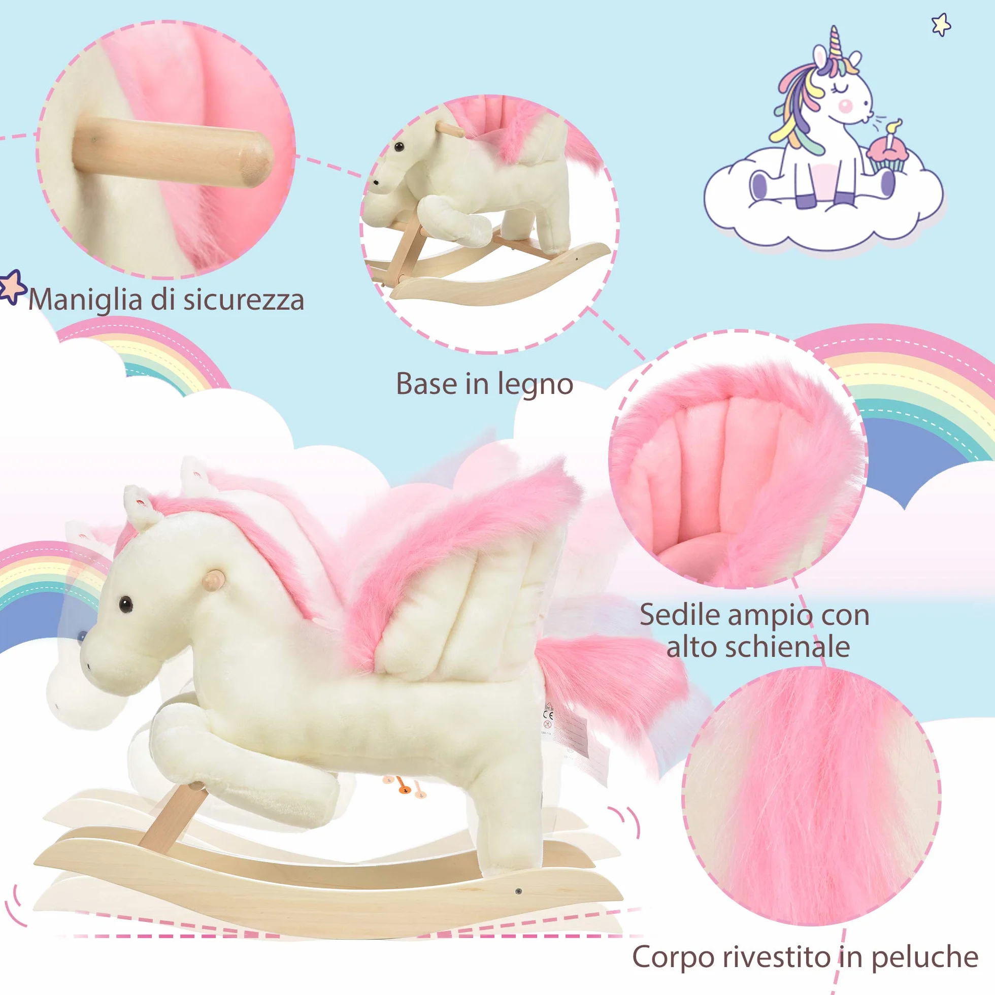 HOMCOM Cavallo a Dondolo Bianco e Rosa con Suoni e Struttura in Legno di Pioppo per Bambini 18-36 Mesi, 70x28x57cm