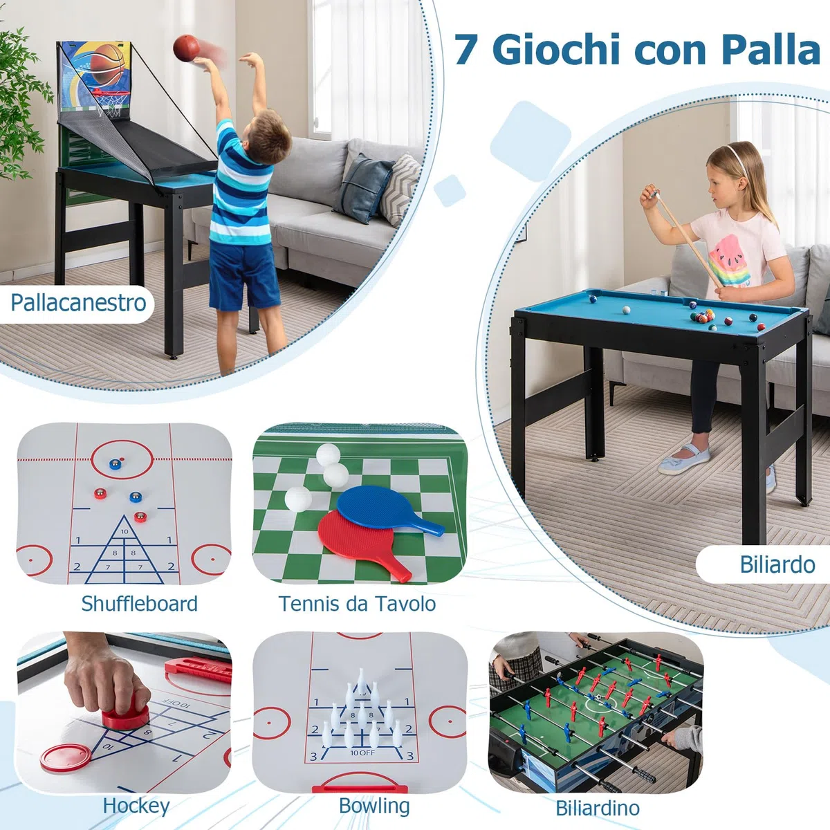 GYMAX Tavolo da Gioco 14-in-1, Combo Tavolo da Gioco con Basket, Biliardo, Calcetto, Ping Pong, Hockey, Shuffleboard, Bowling, Scacchi, Dama, Backgammon, Tris per Feste, Sala Giochi