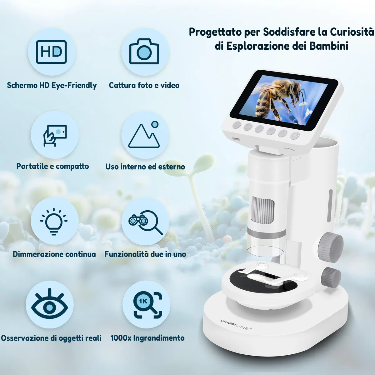 Microscopio 3 in 1 per Bambini, Microscopio Portatile Multifunzionale per Piccoli Esploratori, Ingrandimento 100X–1000X, con Scheda SD da 32 GB, Il Regalo Perfetto per Scoprire il Mondo Invisibile