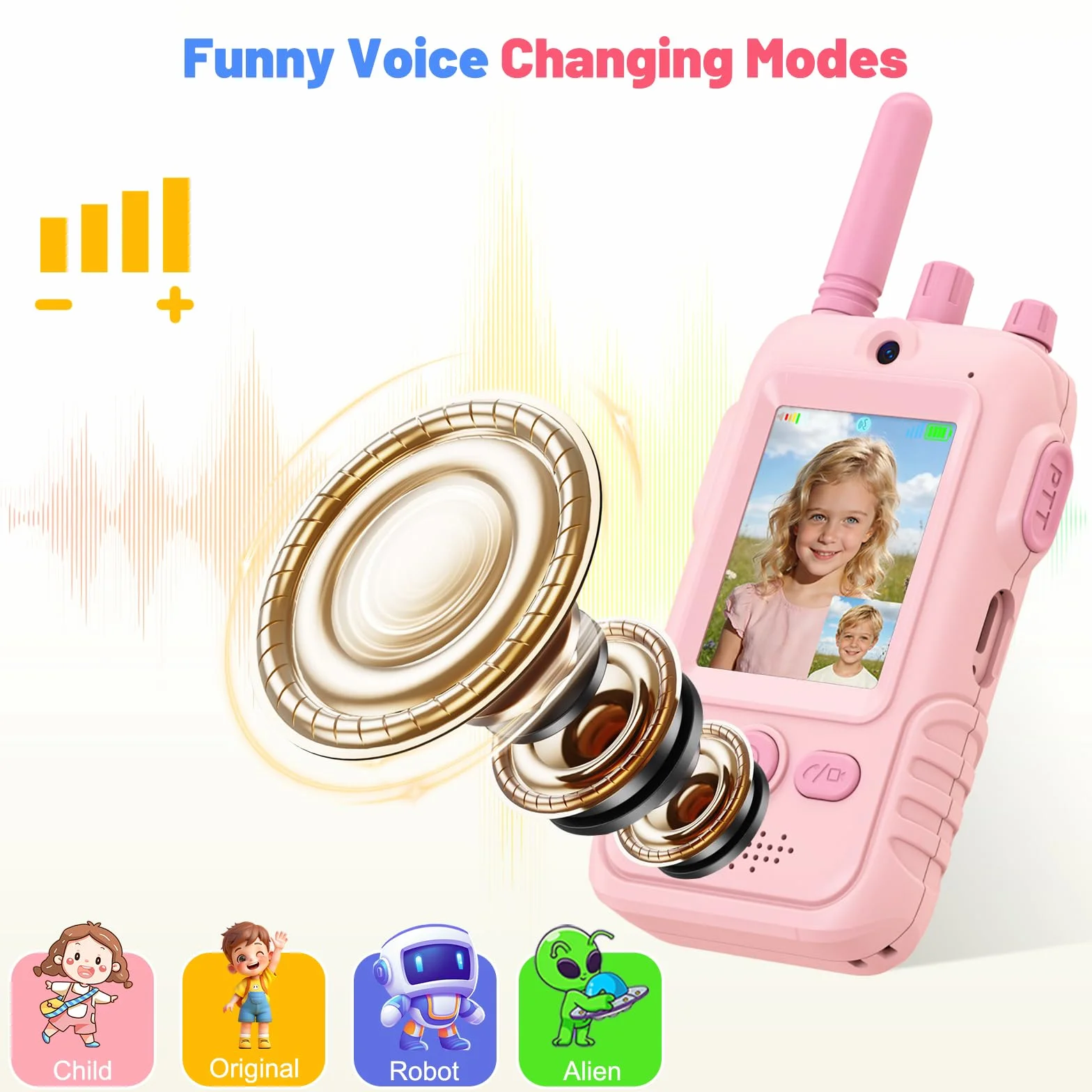 Video Walkie Talkie Bambini, 2 Walkie Talkie Ricaricabili con Display, Telecamera HD& Modificatore Vocale, Lunga Portata, Regalo per Bambini e Bambine dai 3 ai 12 Anni