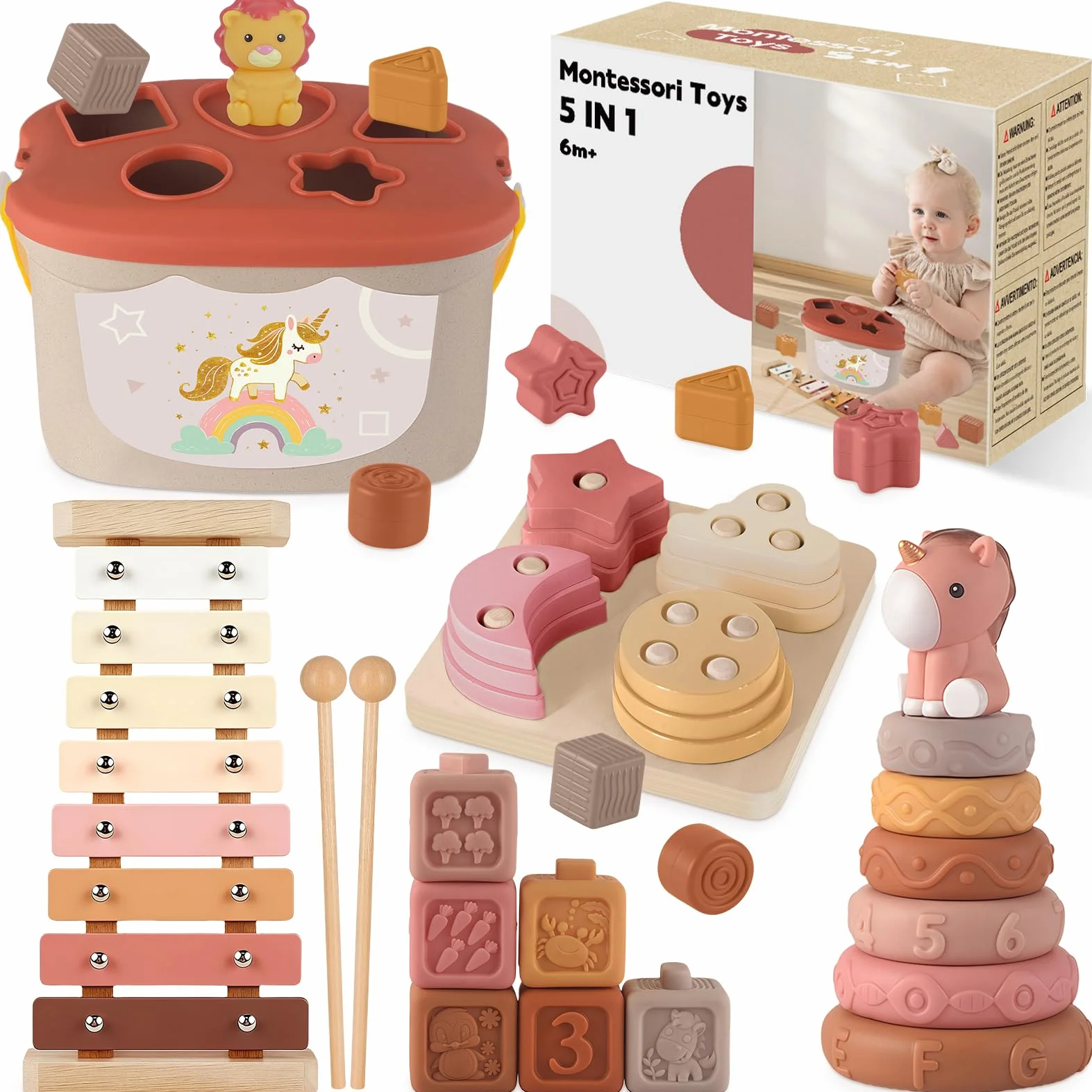 Giochi Neonato 6-9 Mesi, Giochi Montessori 6 Mesi 1 Anno 5 in 1 Educativo, Giocattoli Bambino 6-12 Mesi, Giochi Snsoriali per Neonati, Giocattoli Impilabili, Regalo Bambino 6 9 12 Mesi