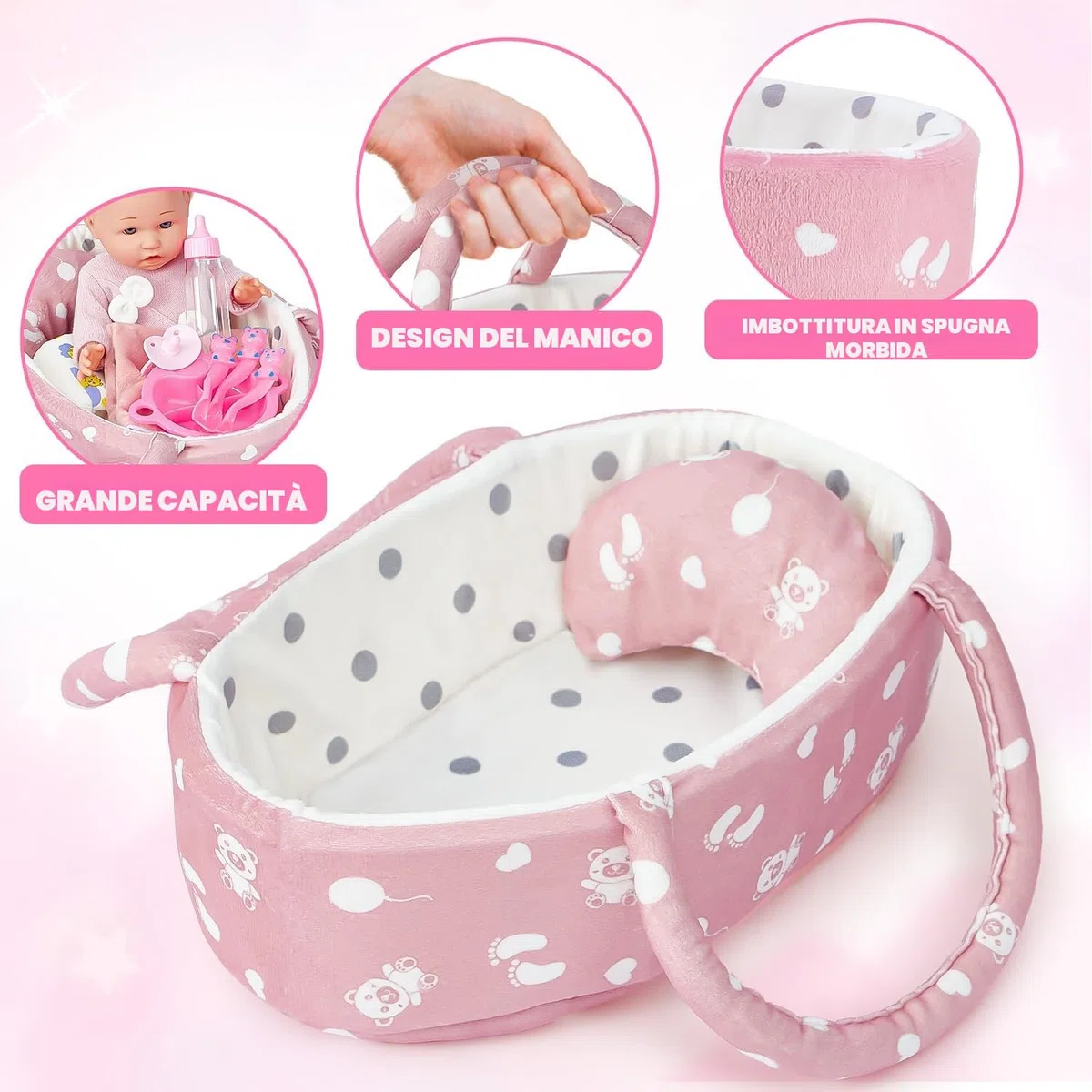vamei Accessori per Bambola Reborn Femmina, Letto Portatile per Bambole con Vestiti per Bambole & Pannolini per Bambola Bambina & Borsa Fasciatoio & Biberon & Ciuccio, Regalo per Bambina 2 3 4 5 anni