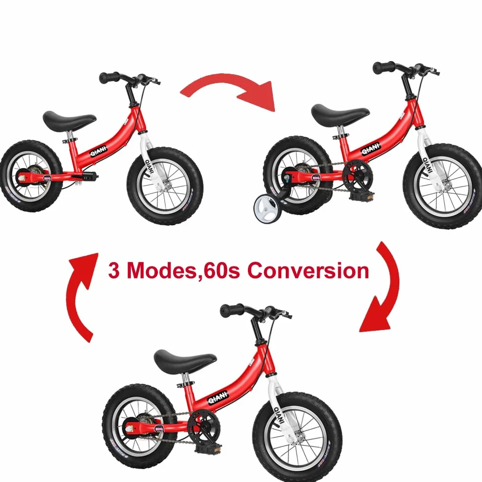 Qiani Bici Senza Pedali e biciclette bambini 2 in 1,per 2 a 7 Anni Bambini,con Freno,rimovibile pedali e Ruote Ausiliarie,12 14 16 pollici,Rosso Blu Rosa