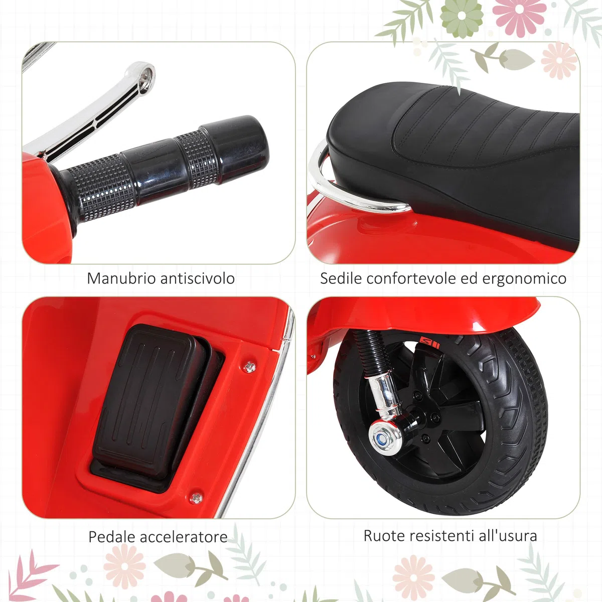 HOMCOM Vespa Moto Elettrica per Bambini, 6V Motorino Elettrico 3-6 Anni, Rosso, 102x50.5x75.5 cm