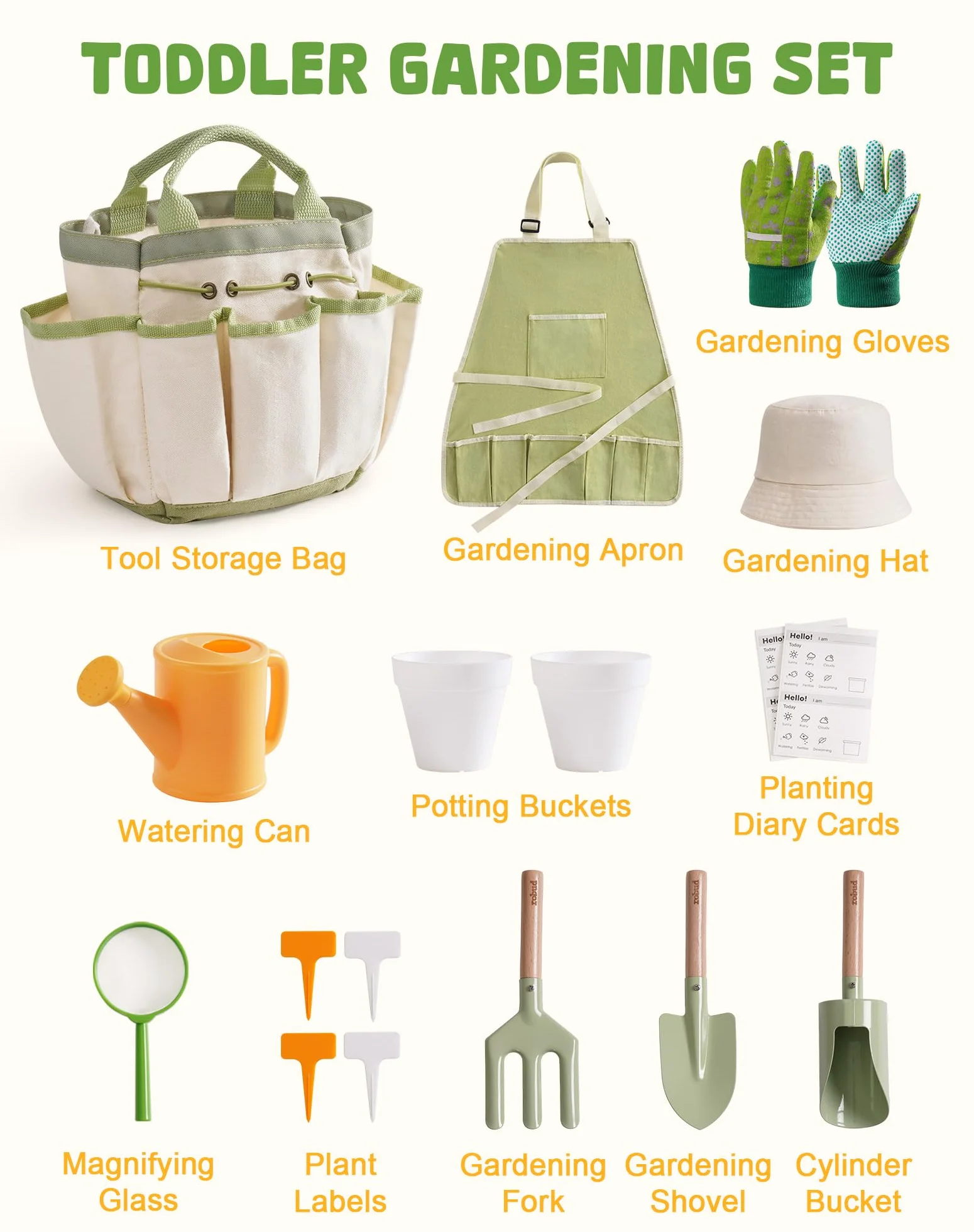 ROBUD Set da giardinaggio per bambini, kit di attrezzi da giardino per bambini da 18 pezzi con grembiule, annaffiatoio, paletta, giocattoli educativi all'aperto per bambini e bambine dai 3 anni in su