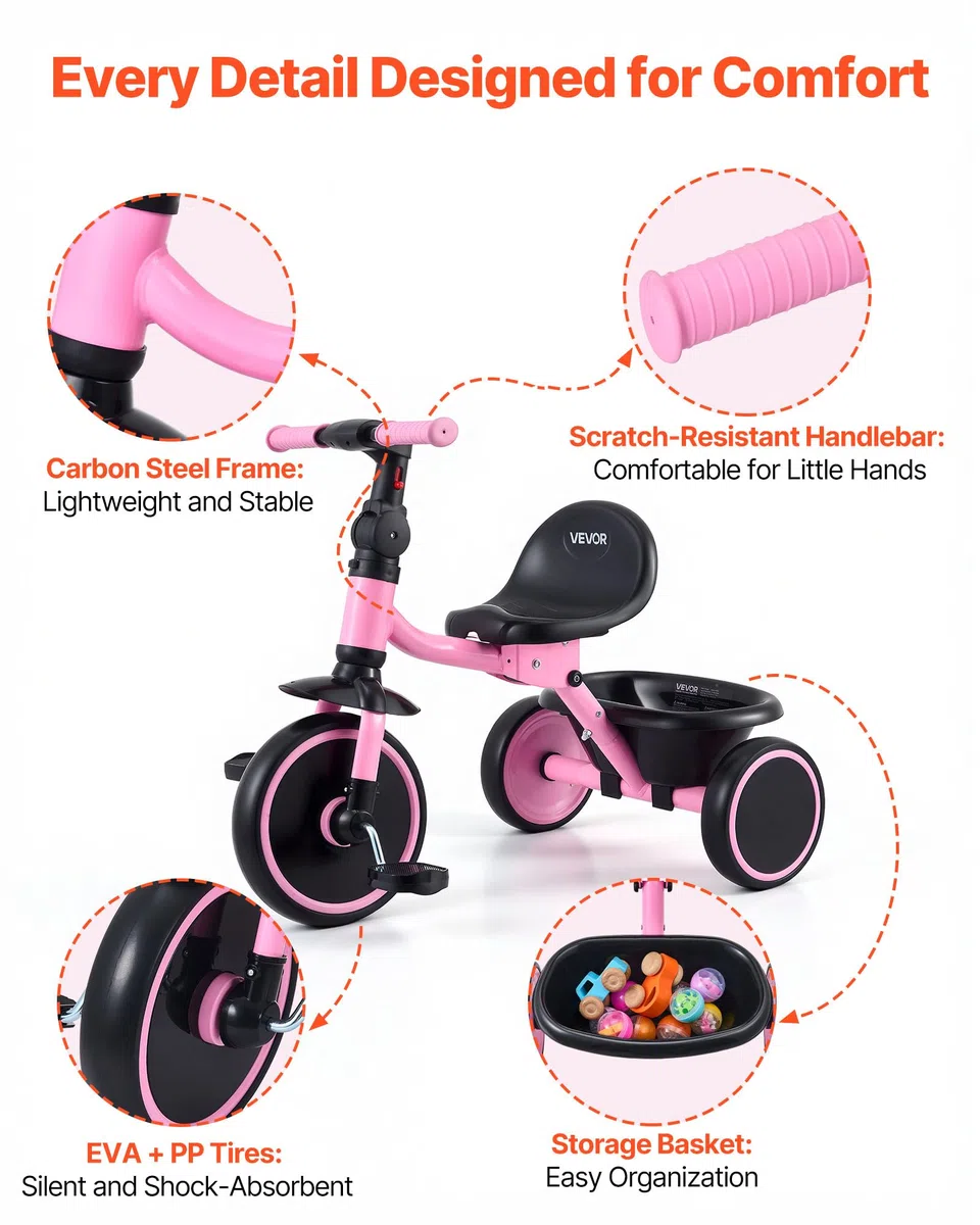 VEVOR Triciclo per Bambini 2-5 Anni con Sedile Regolabile Cestino Posteriore Telaio Acciaio Carbonio Ruote EVA Rosa Nero