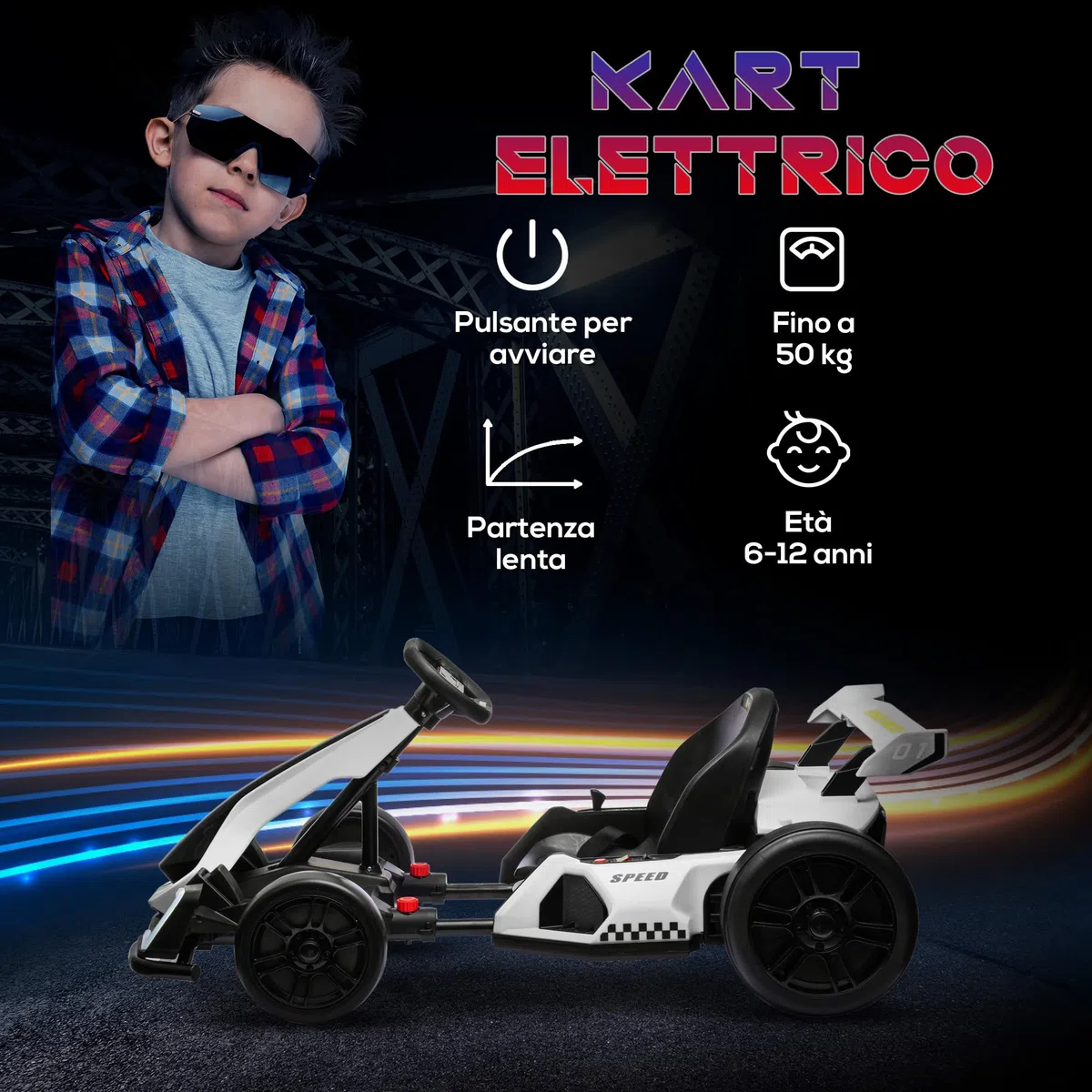 HOMCOM Go Kart Elettrico Bambini 24V 2 Motori Drift Sedile Regolabile Bianco