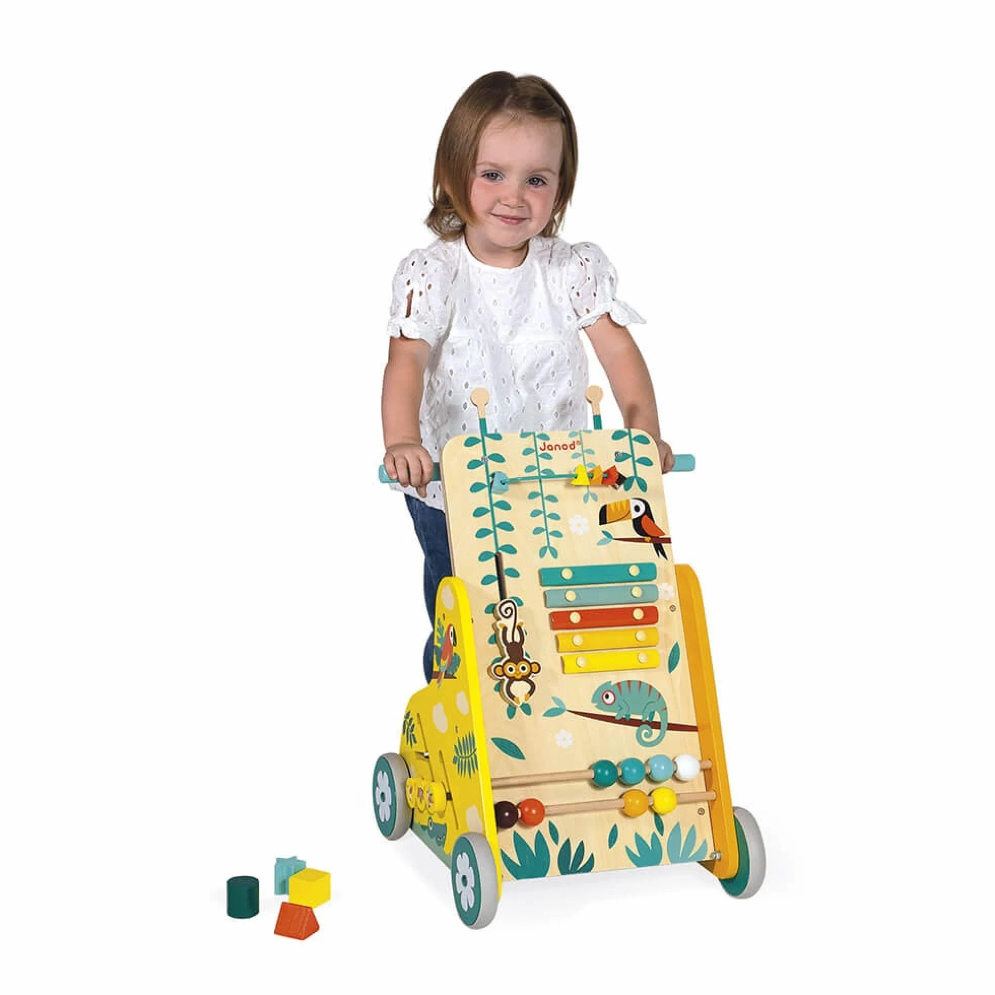 Janod - Carrello Multiattività Tropik - Primi Passi in Legno - Giocattolo Educativo 6 attività - Ruote Silenziose e Bloccabili - Certificato FSC - Vernice ad Acqua - da 1 Anno, J8269