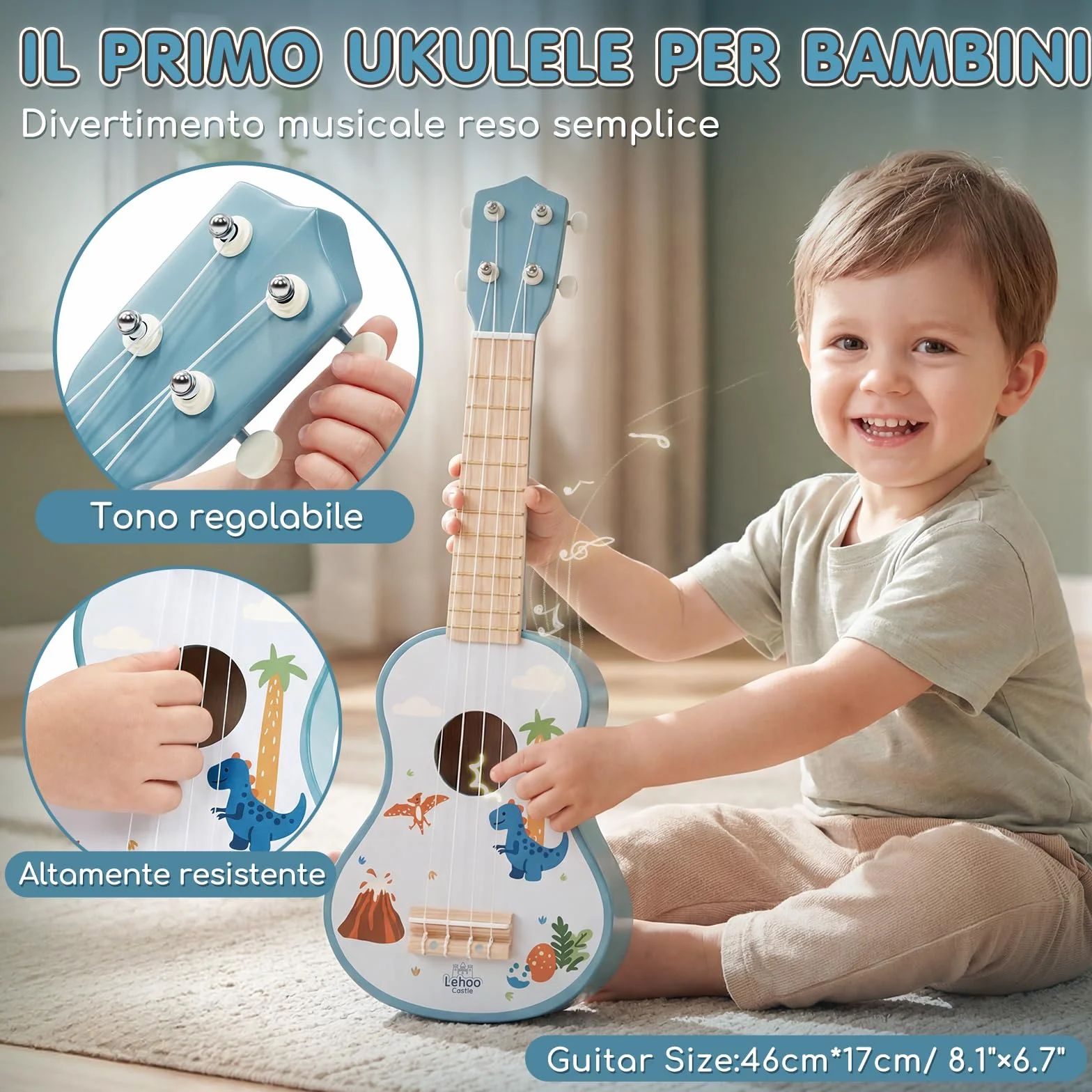 Lehoo Castle Chitarra per Bambini, 7 Strumenti Musicali Montessori Giochi, con ukulele, Tamburello, Flauto, Maracas, Giocattoli in Legno, Giocattoli Didattici, Regalo per bambini di 1, 2, 3 anni