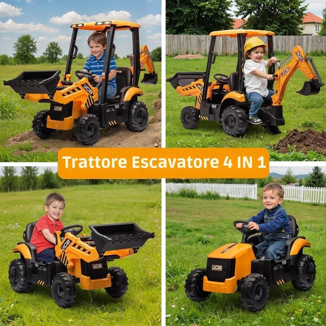 JCB Escavatore Elettrico per Bambini 24V 4 in 1 Cavalcabile con Telecomando Parentale