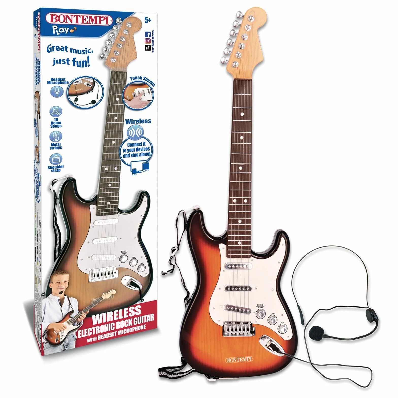 Bontempi | Rock On - Chitarra Rock Elettronica Wireless con Microfono, Cinghia a Tracolla e Brani Preregistrati , 67 cm