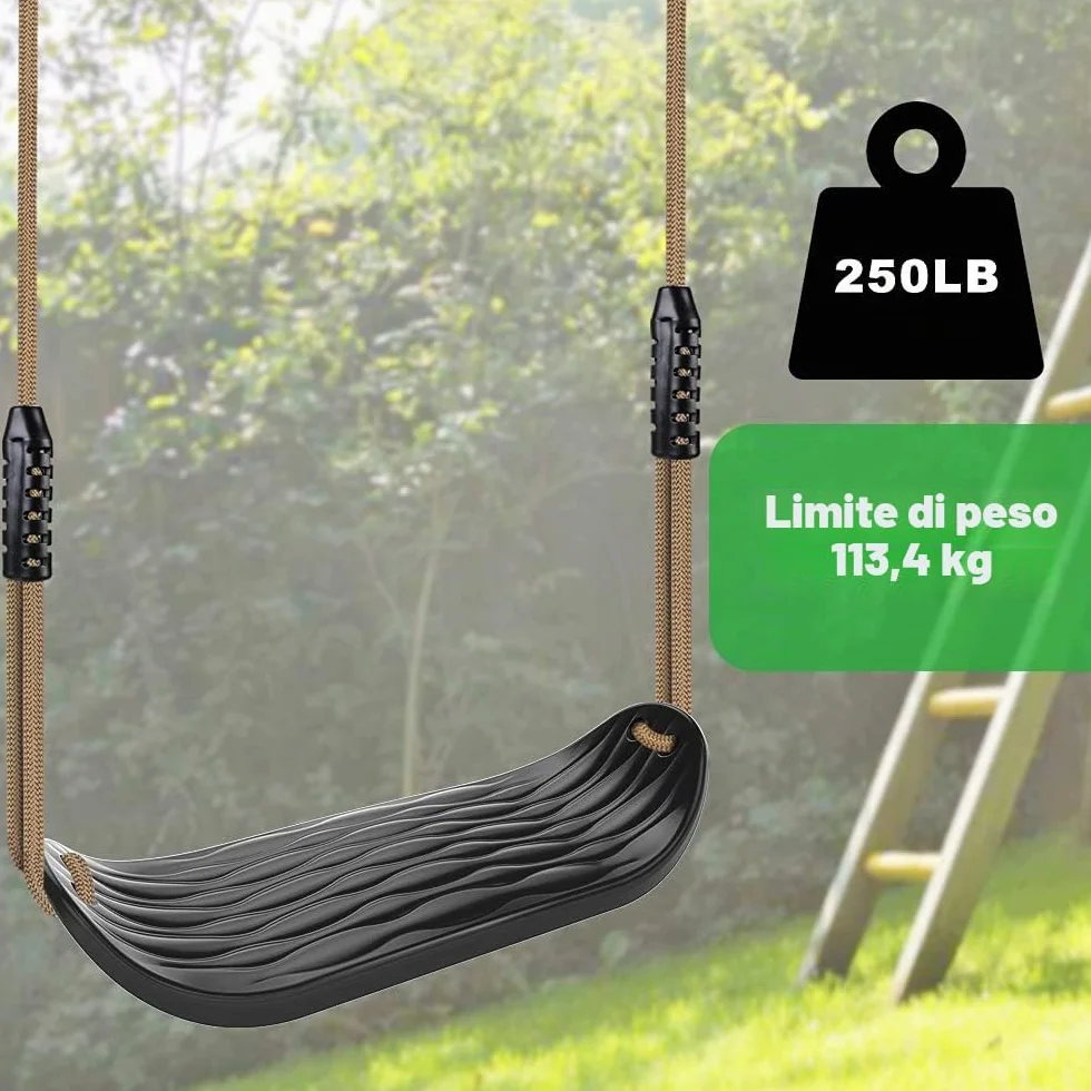 SELEWARE Seggiolino per Altalena in Plastica, Altalena Antiscivolo con Corda Regolabile e 2 Moschettoni, Accessorio per Altalena da Parco Giochi per Bambini Cortile Esterno, Nero