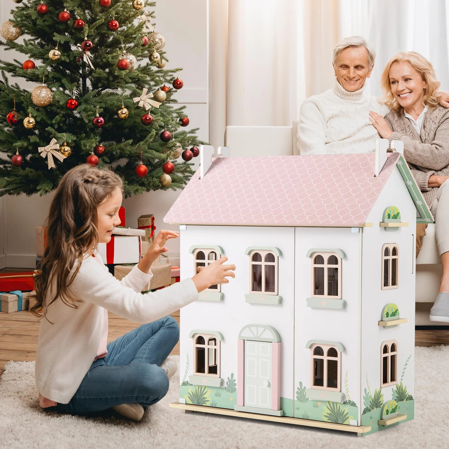 HOMASIS Casa delle Bambole per Bambini a 3 Piani, Casa da Sogno per Bambole in Legno con Mobili, Accessori, Tetti a Doppia Faccia, Villa delle Bambole di 3+ Anni, 55 x 33,5 x 66 cm, Rosa
