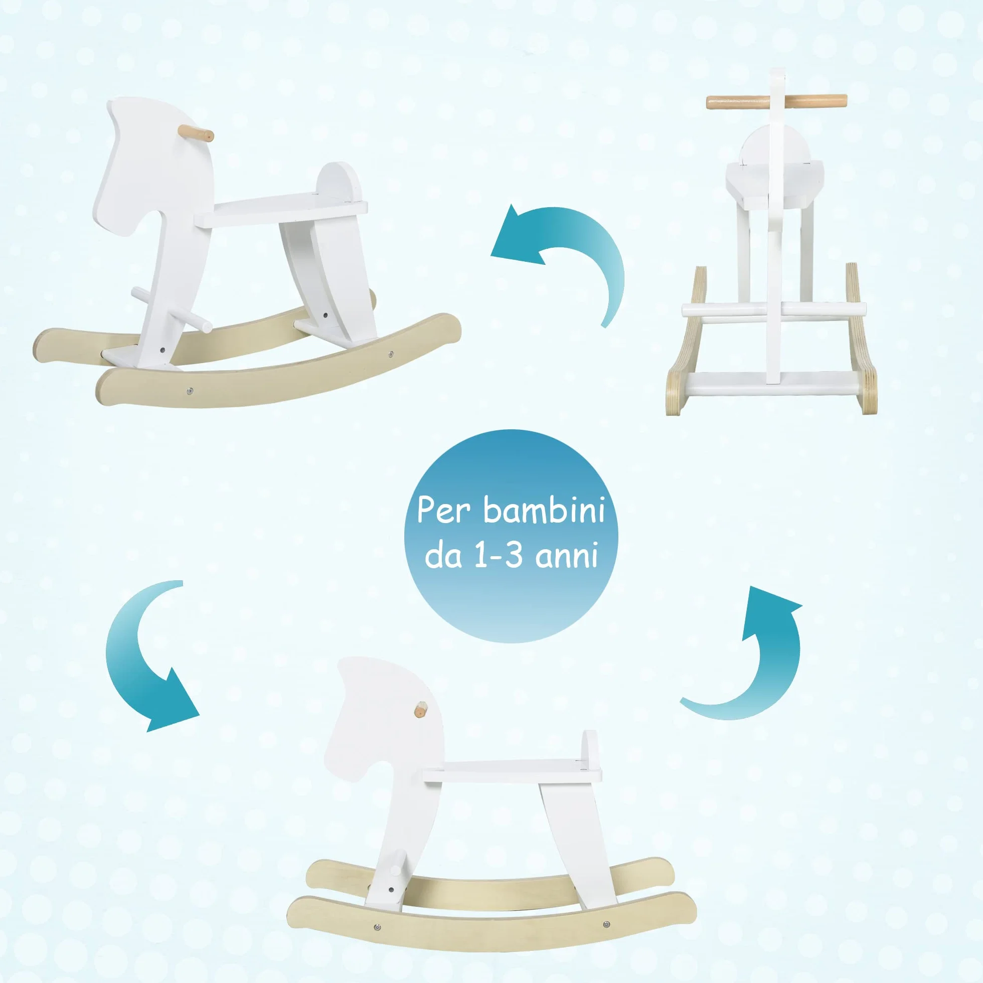 HOMCOM Cavallo a Dondolo per Bambini 1-3 Anni, Design Classico in Legno con Maniglie e Poggiapiedi, 68x26.5x48cm, Bianco