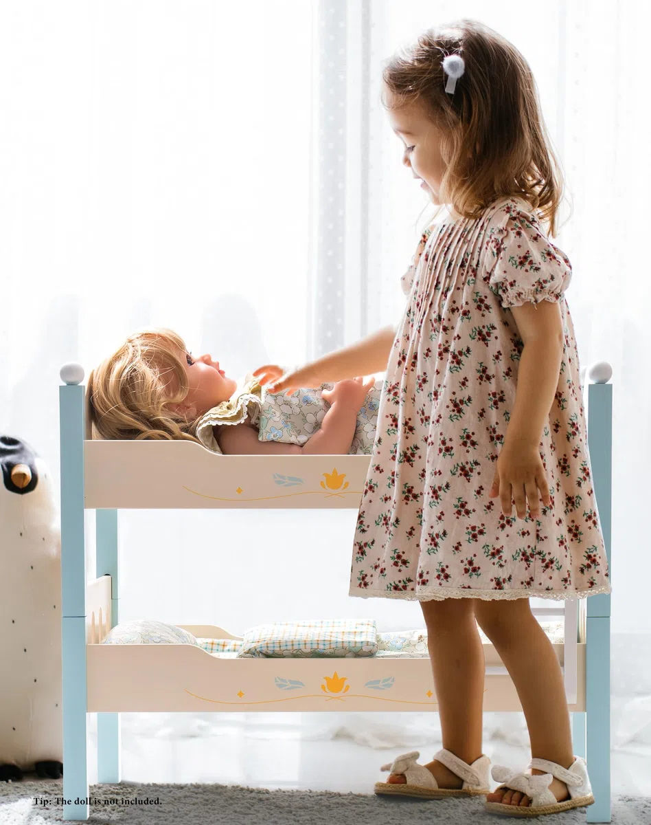 ROBOTIME Letto a castello per bambole in legno da 18", lettino per bambole trasformabile con scaletta e biancheria da letto, culla per bambole impilabile, regalo perfetto per bambini, blu
